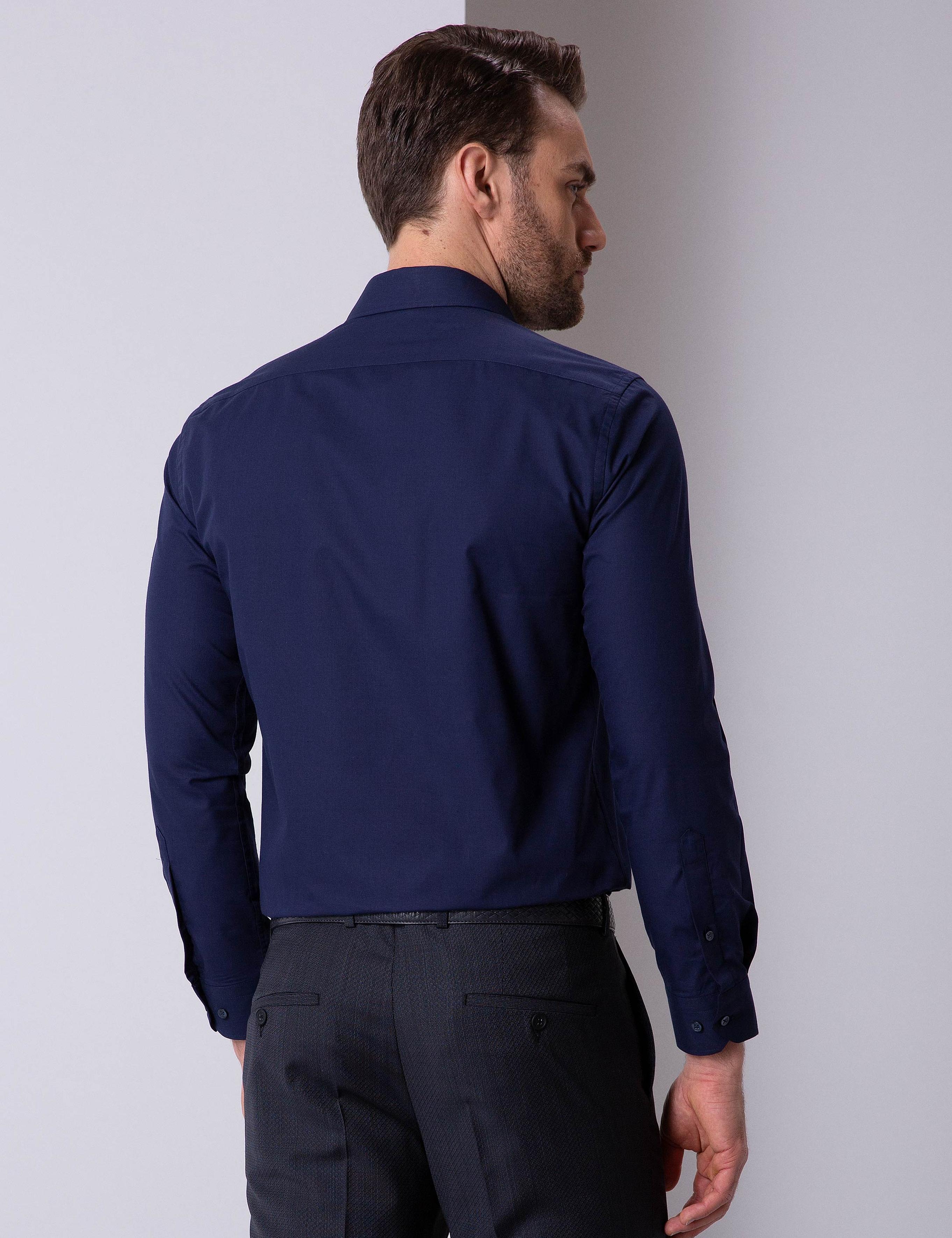 Lacivert Slim Fit Uzun Kollu Basic Gömlek