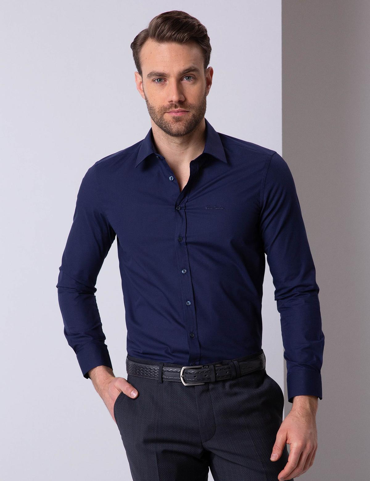 Lacivert Slim Fit Uzun Kollu Basic Gömlek