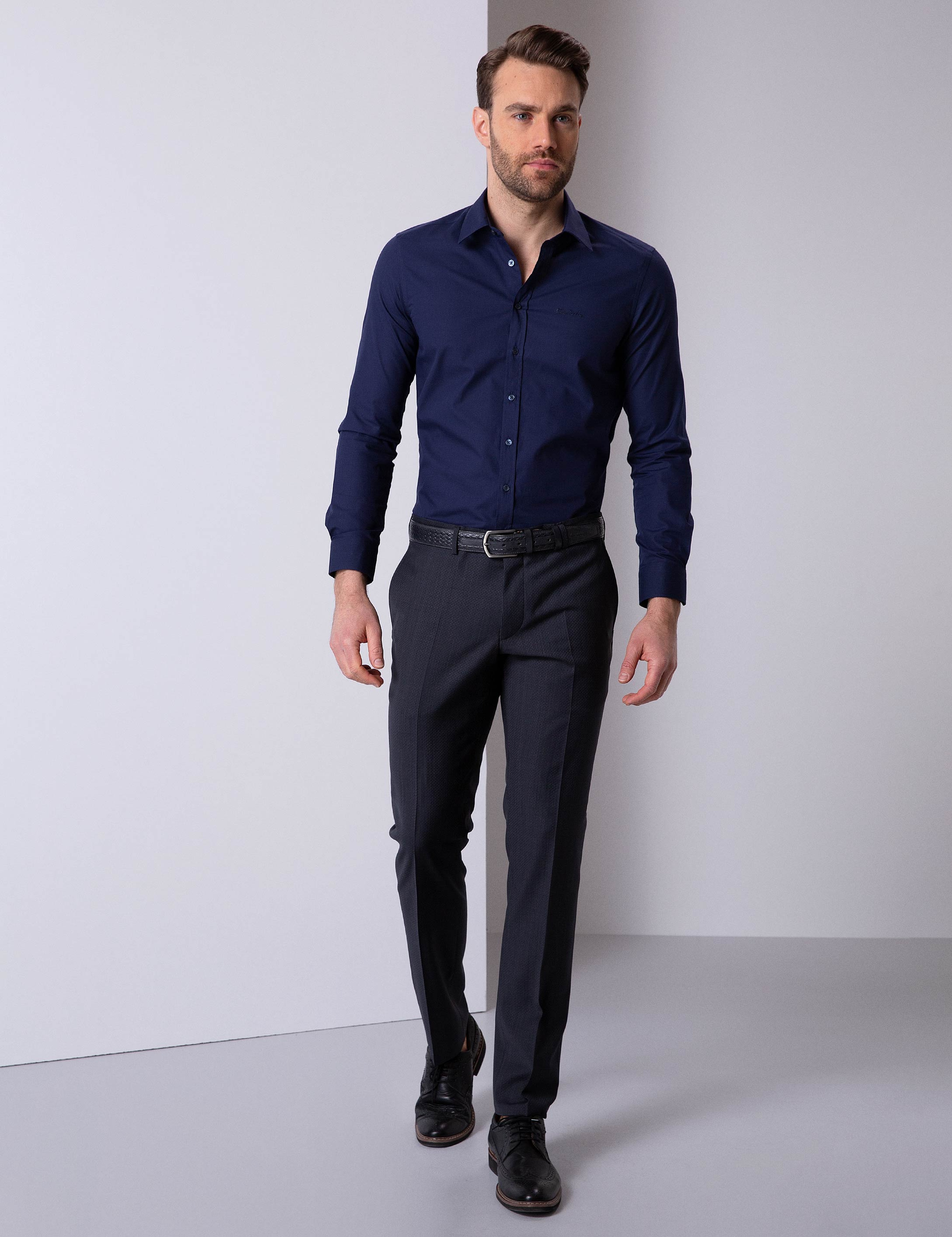 Lacivert Slim Fit Uzun Kollu Basic Gömlek - Image 2