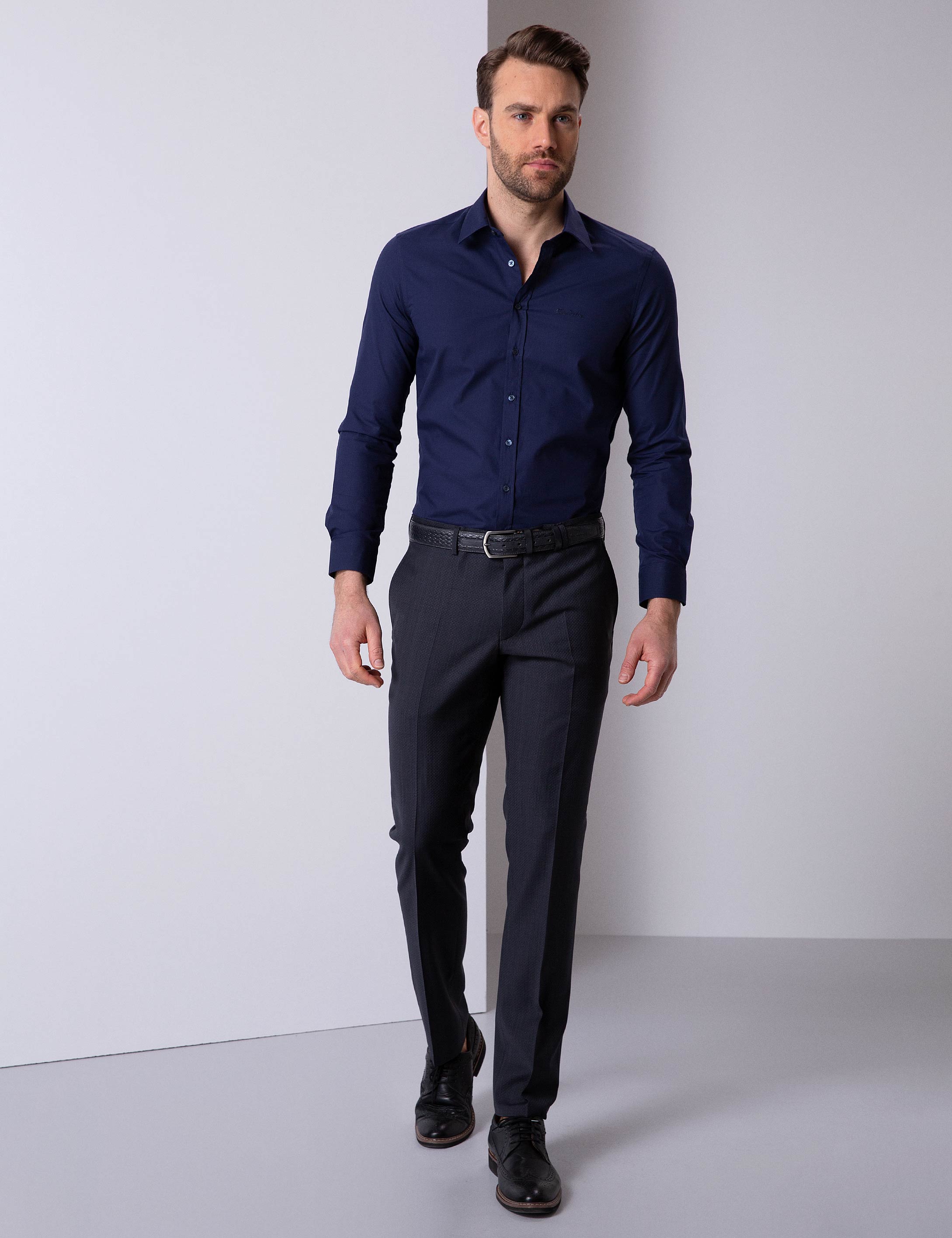 Lacivert Slim Fit Uzun Kollu Basic Gömlek