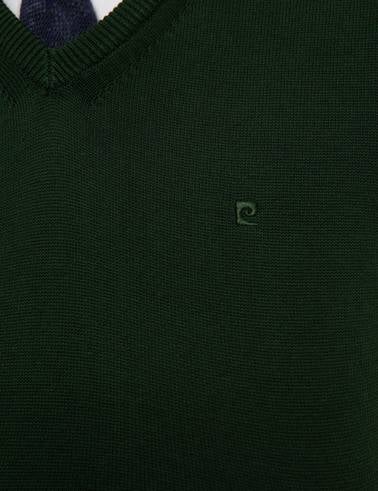 Koyu Yeşil Slim Fit V Yaka Basic Triko Kazak
