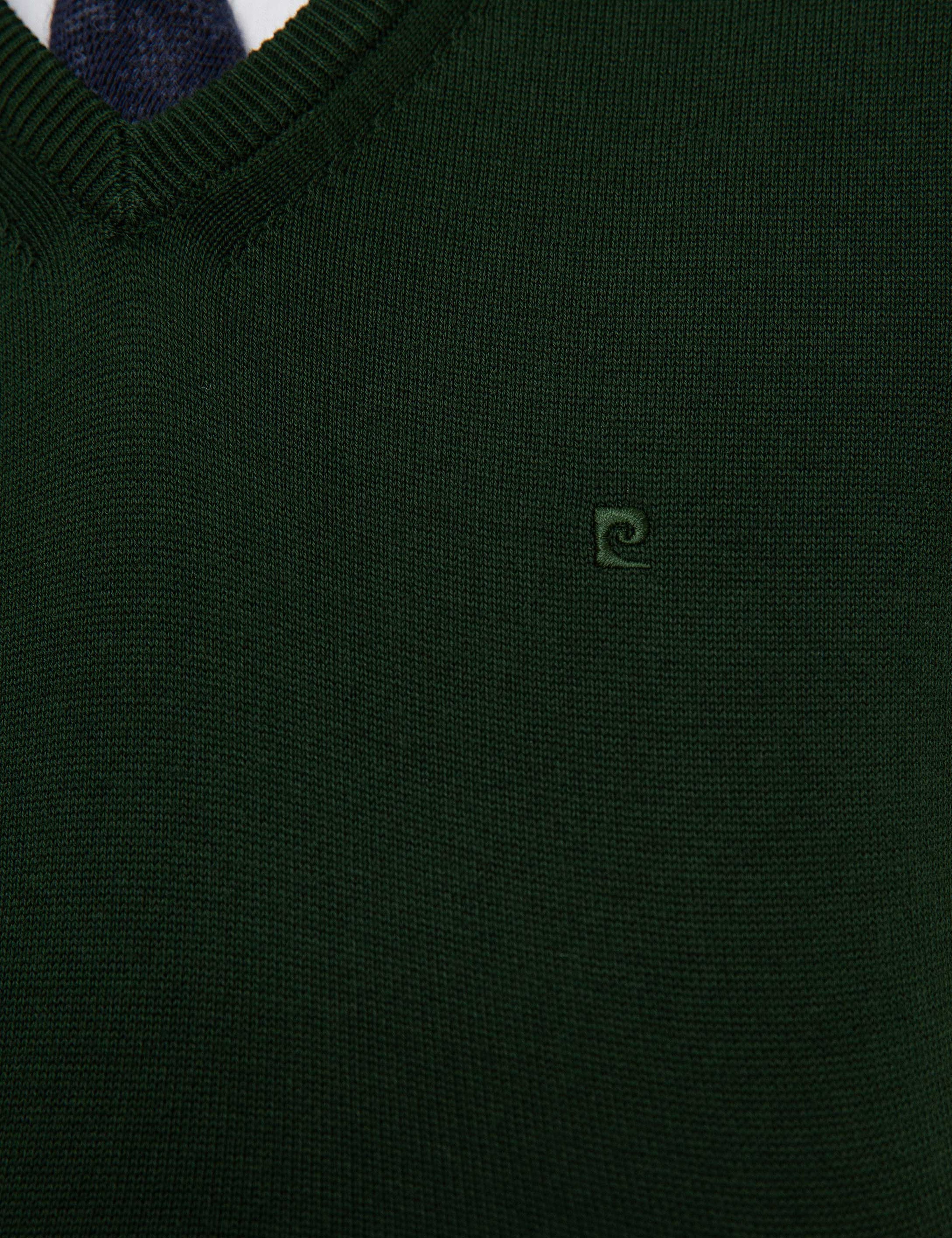 Koyu Yeşil Slim Fit V Yaka Basic Triko Kazak