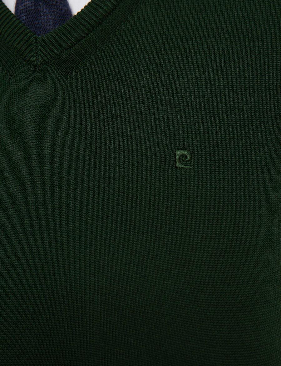 Koyu Yeşil Slim Fit V Yaka Basic Triko Kazak