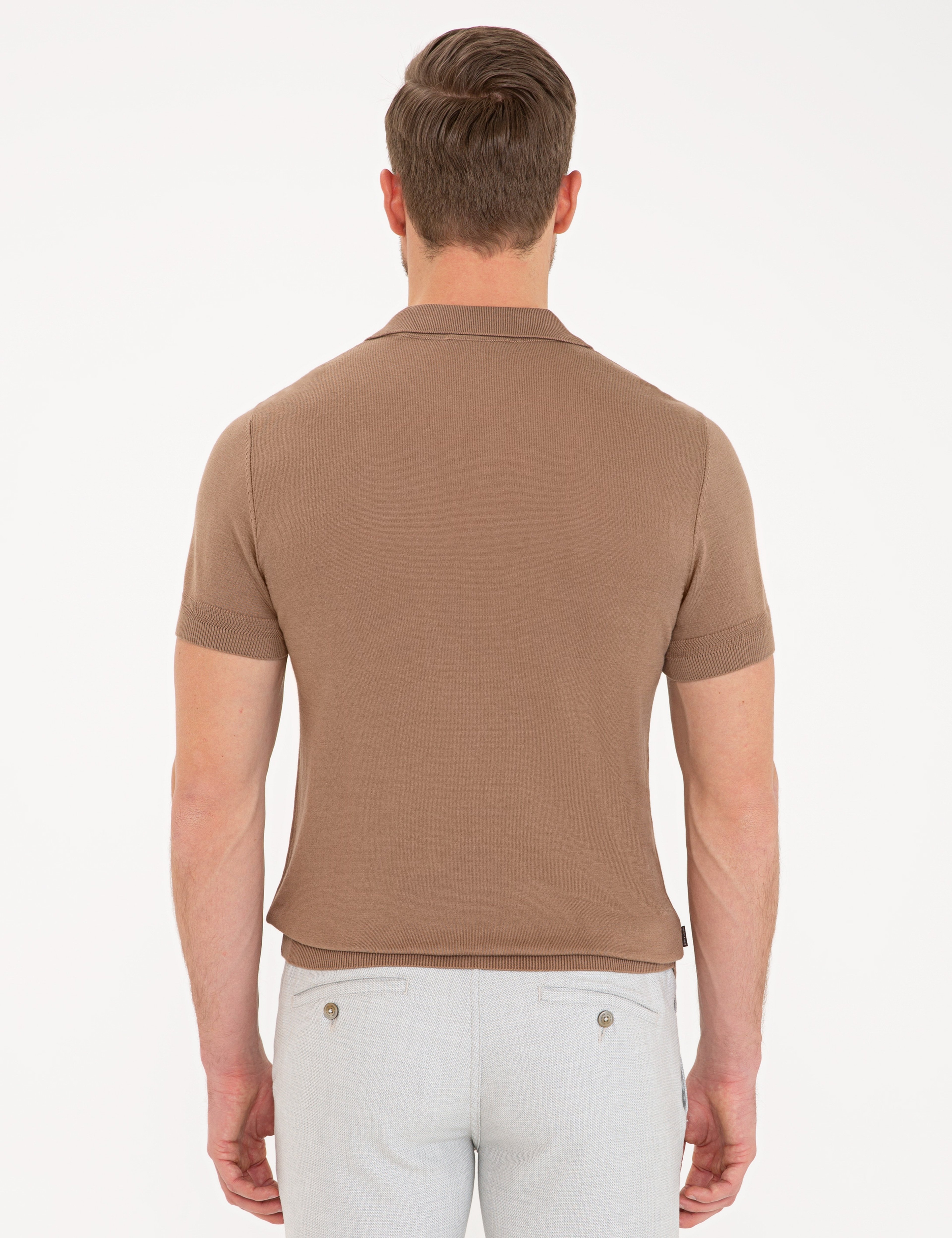 Açık Kahverengi Slim Fit Polo Yaka Triko Tişört - Image 3