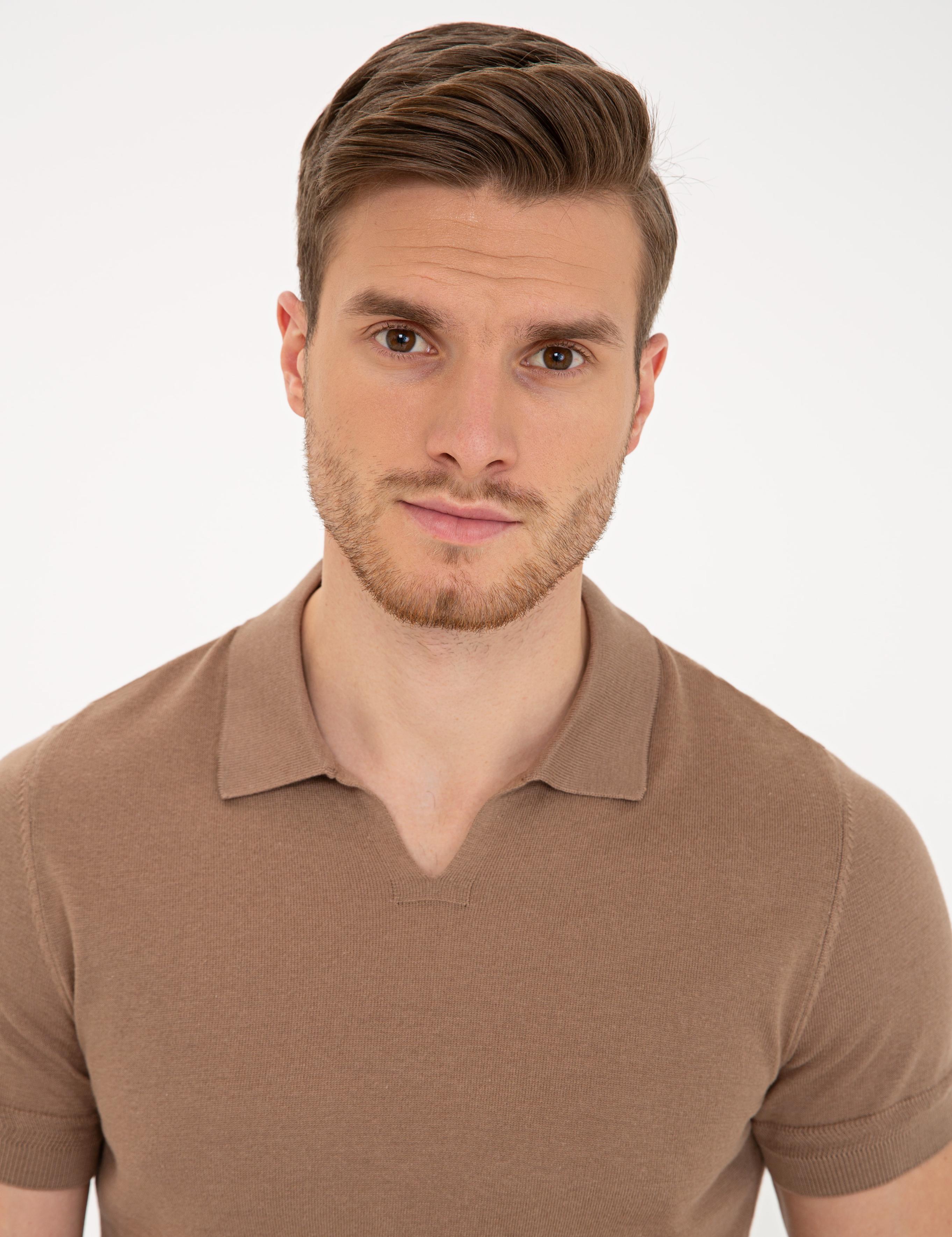 Açık Kahverengi Slim Fit Polo Yaka Triko Tişört