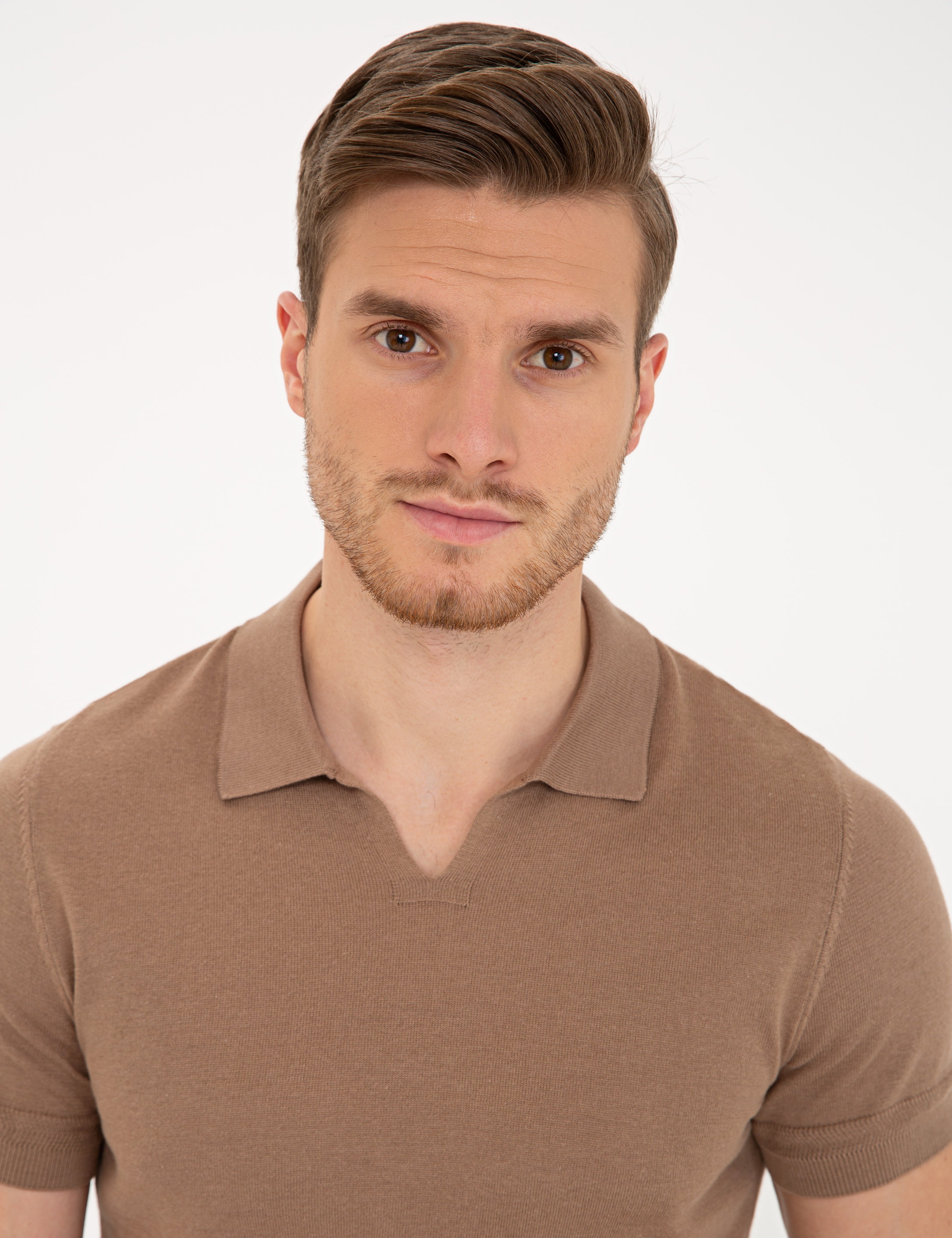 Açık Kahverengi Slim Fit Polo Yaka Triko Tişört - Image 2