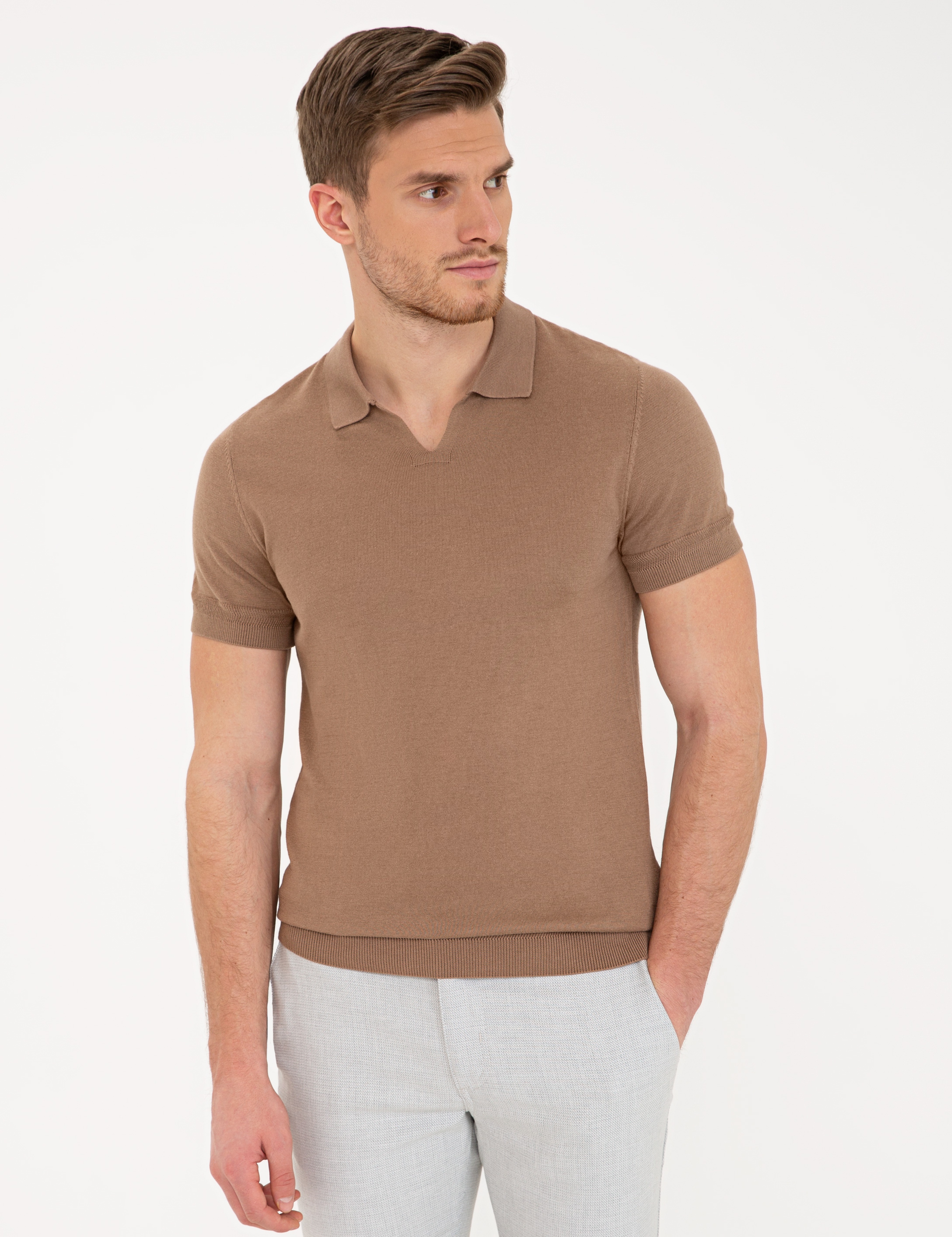 Açık Kahverengi Slim Fit Polo Yaka Triko Tişört - Image 1