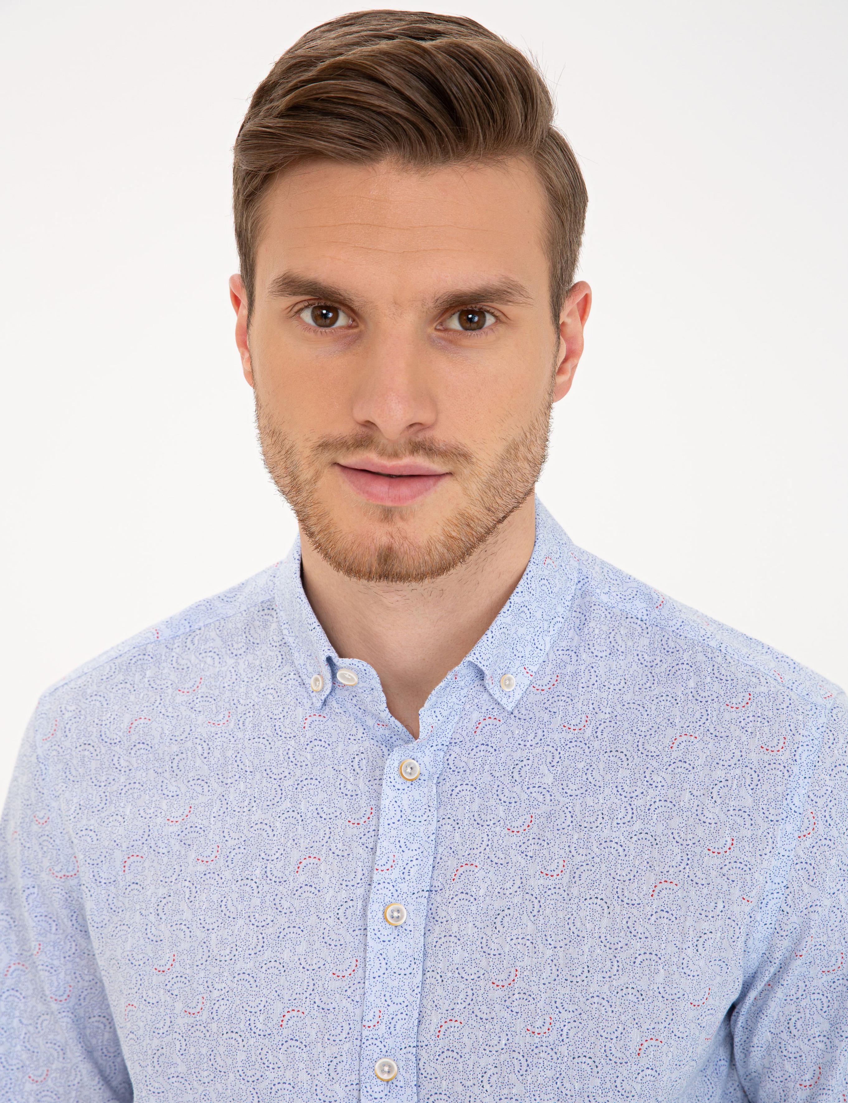 Mavi Keten Karışımlı Regular Fit Uzun Kollu Gömlek