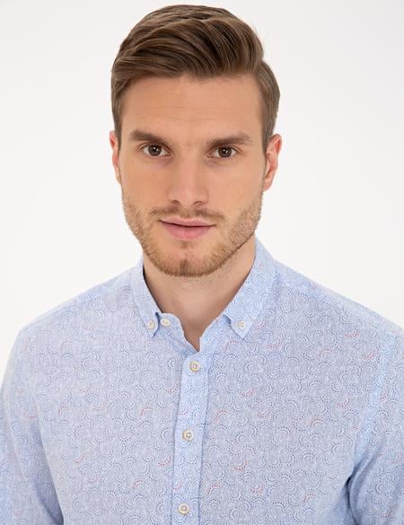 Mavi Keten Karışımlı Regular Fit Uzun Kollu Gömlek - 50235128007