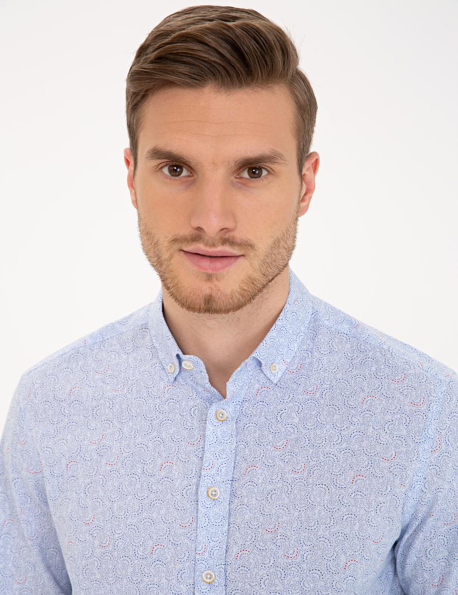 Mavi Keten Karışımlı Regular Fit Uzun Kollu Gömlek