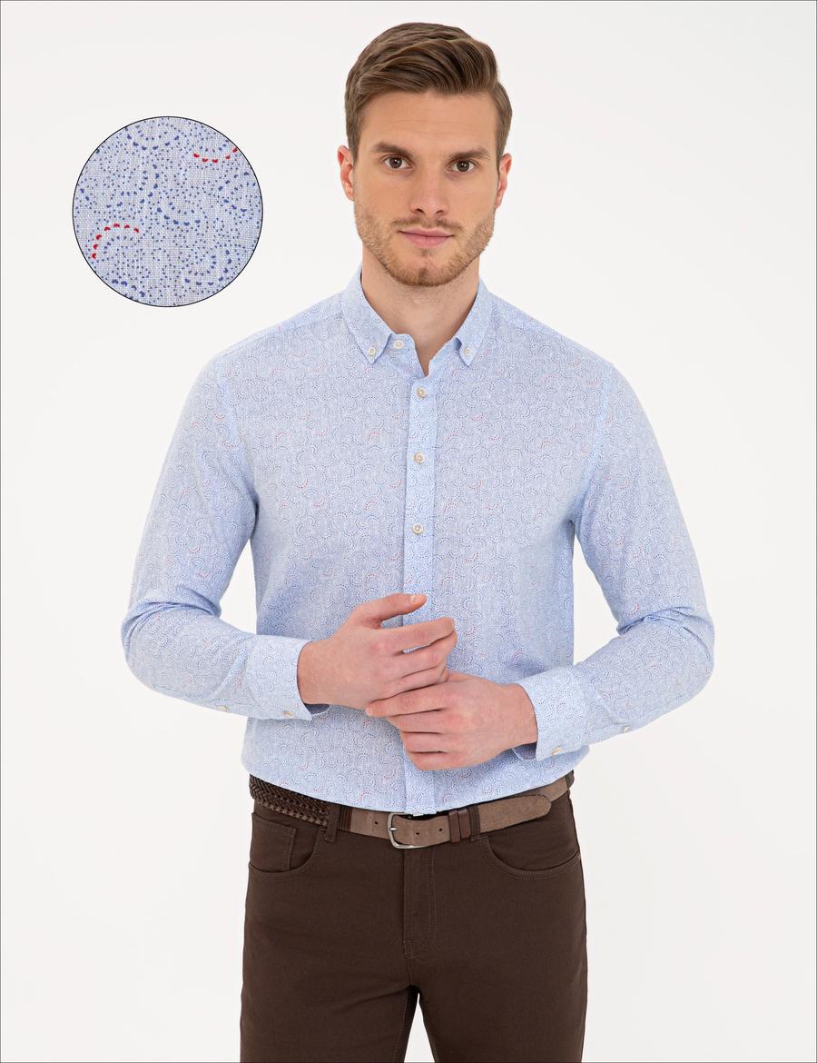 Mavi Keten Karışımlı Regular Fit Uzun Kollu Gömlek