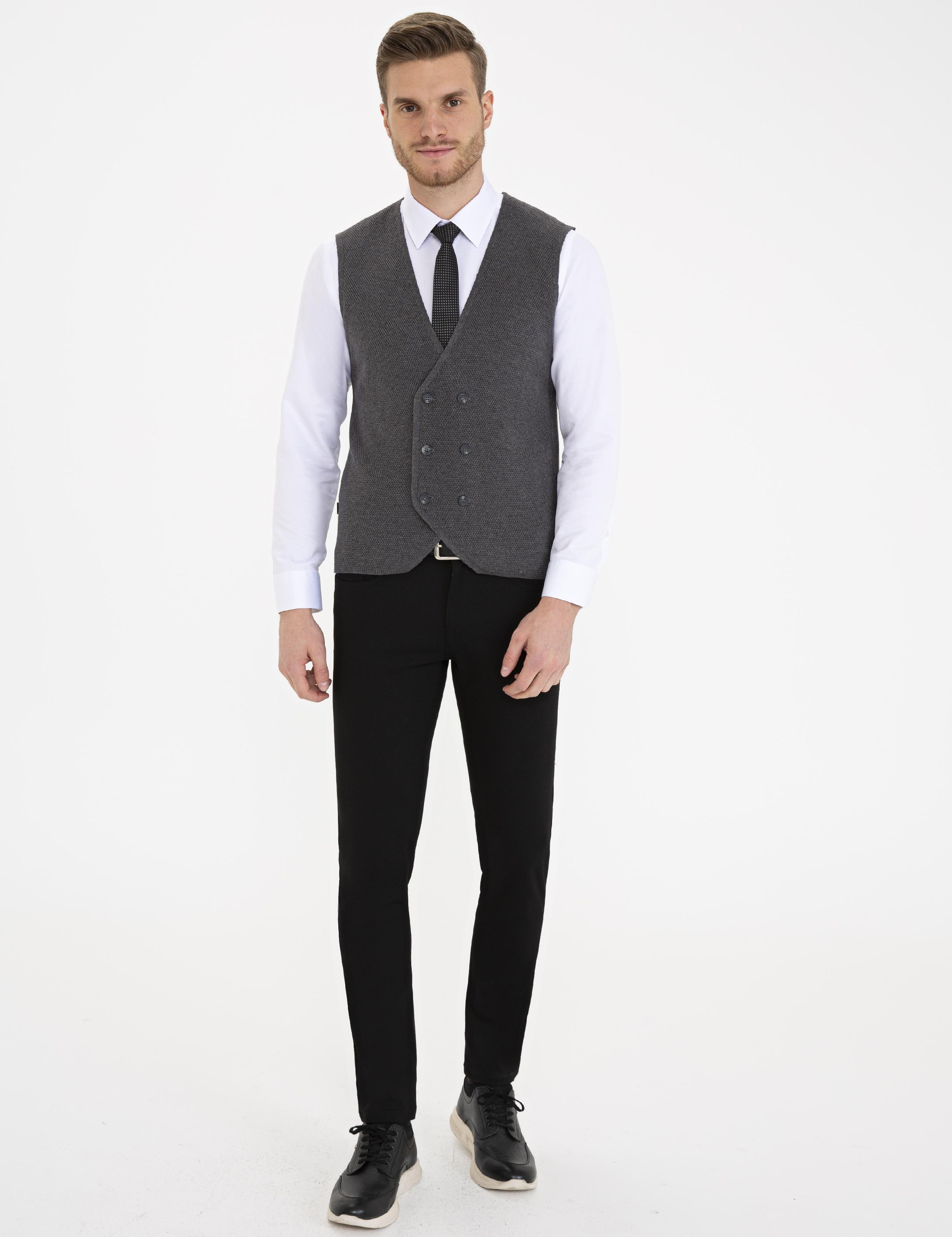 Koyu Gri Melanj Slim Fit Triko Yelek