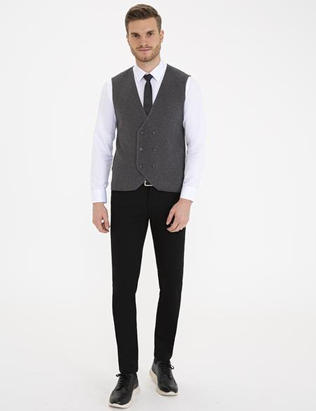 Koyu Gri Melanj Slim Fit Triko Yelek - 50228425037
