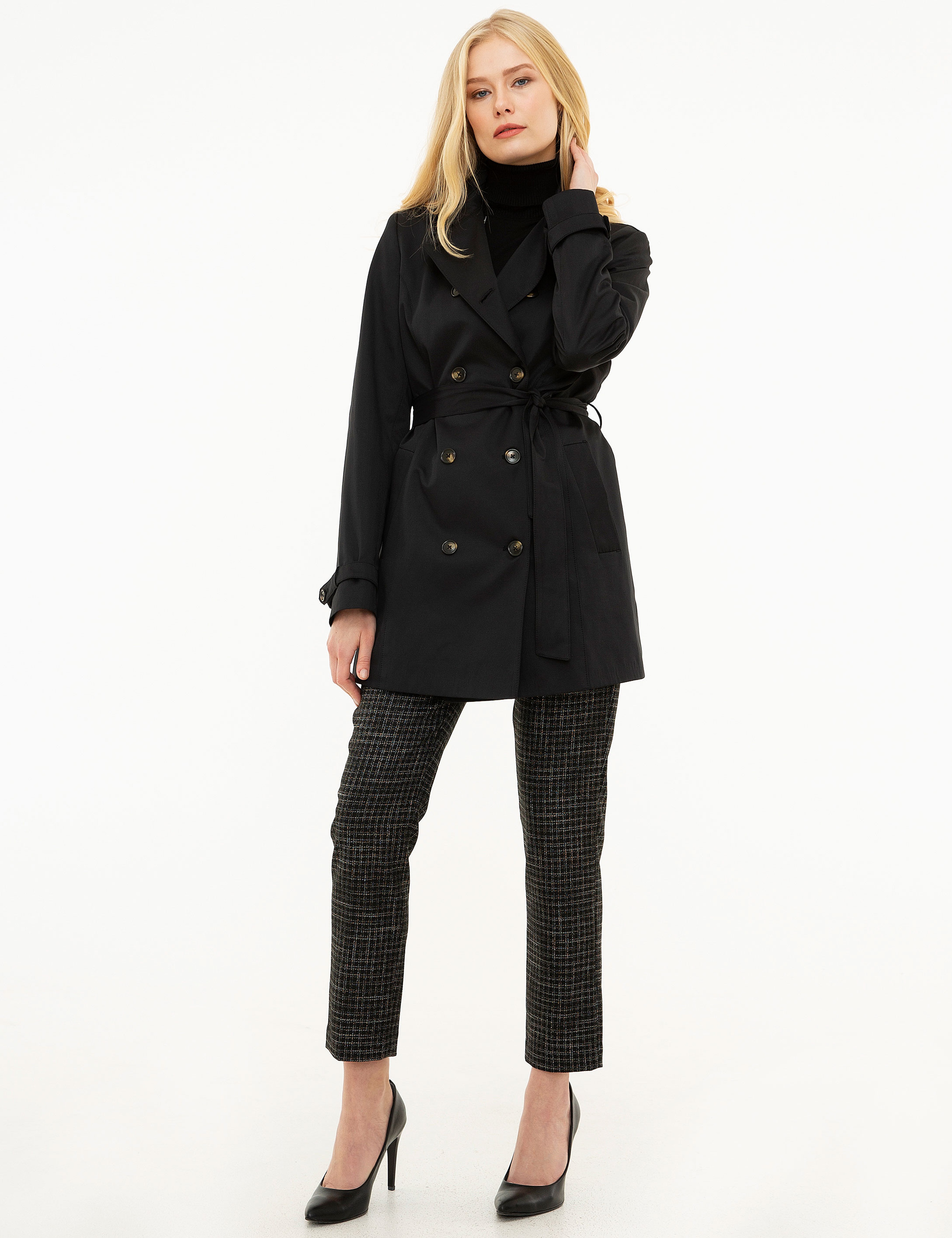 Siyah Slim Fit Trençkot - Image 5