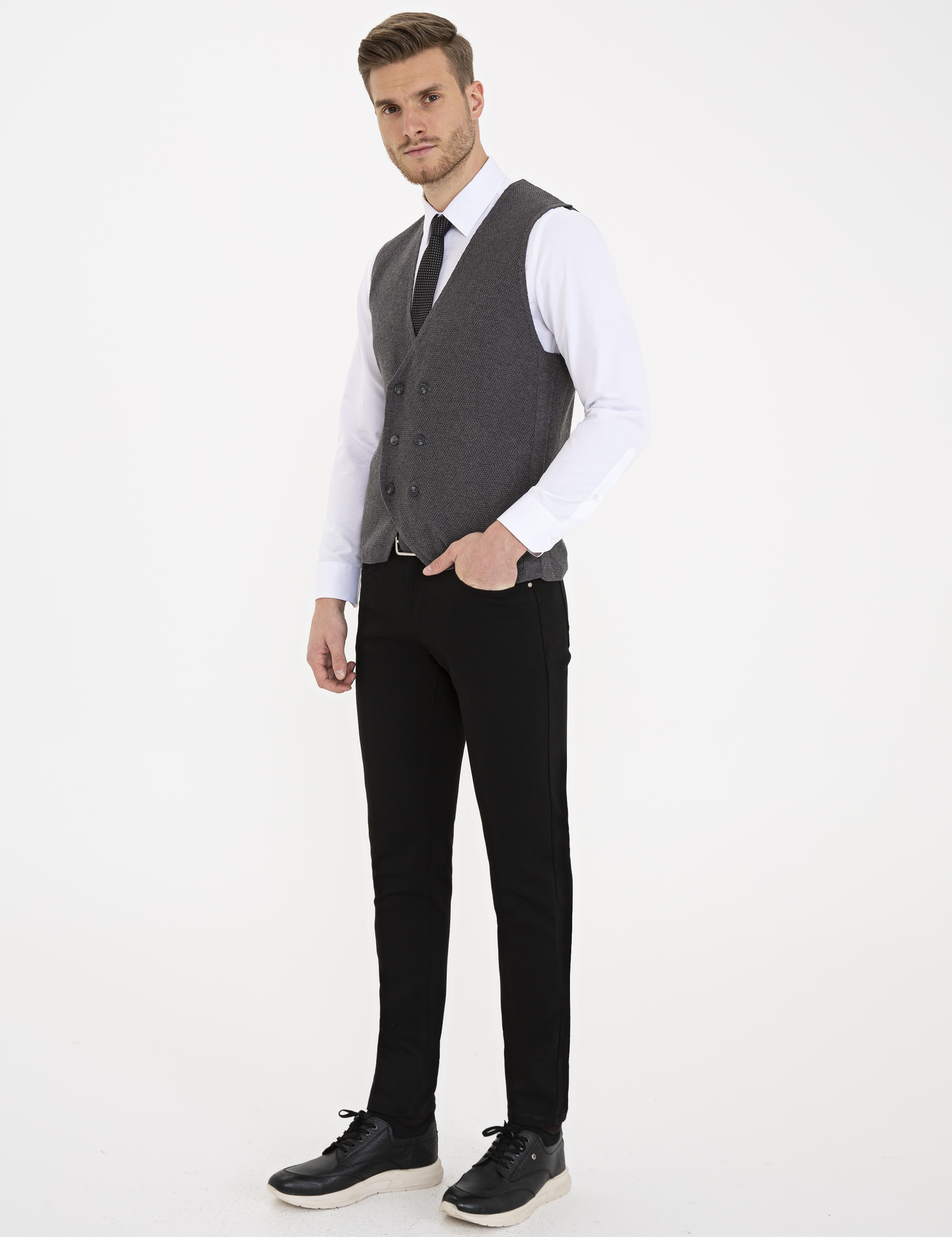 Siyah Slim Fit Kanvas Pantolon - Image 2