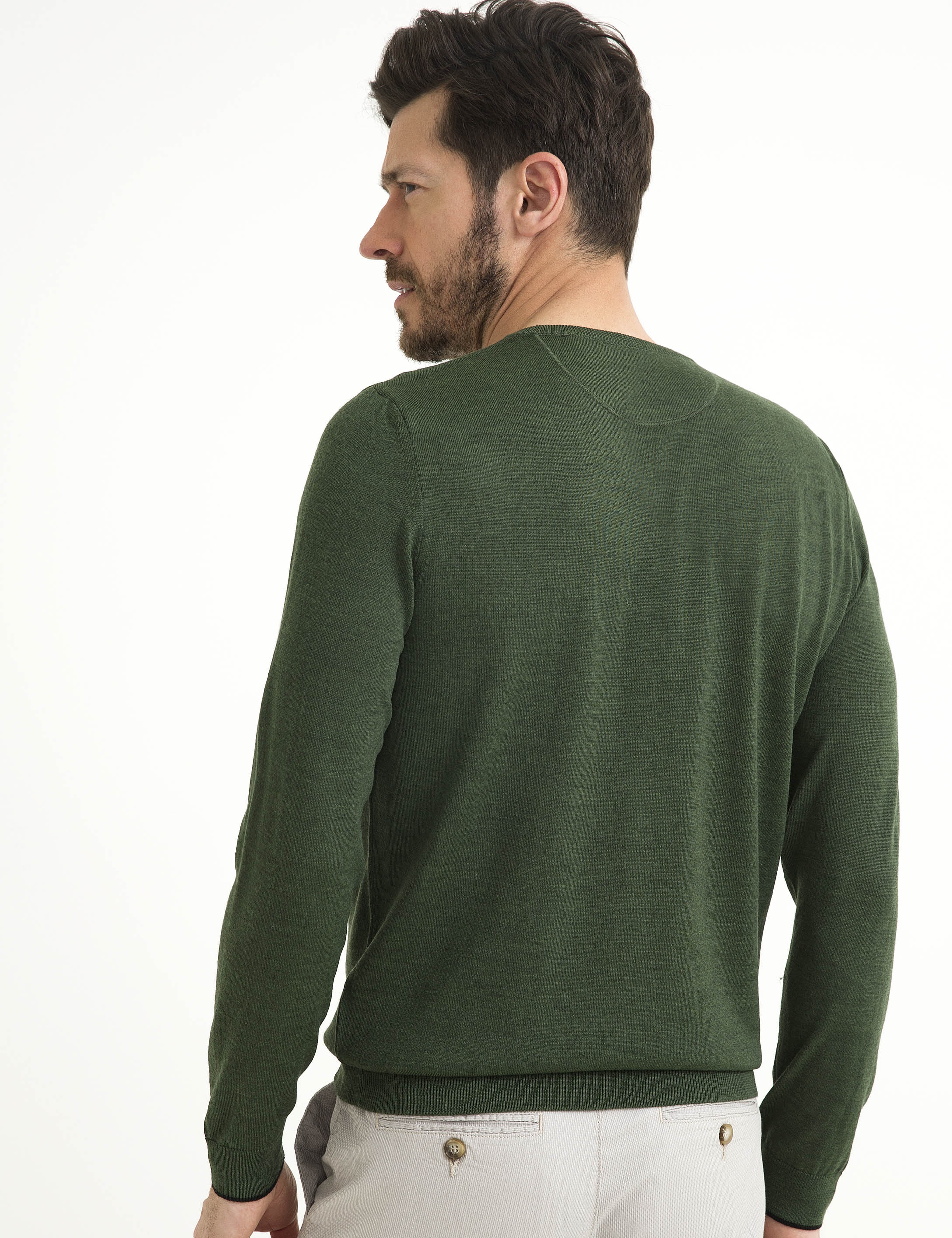 Yeşil Slim Fit V Yaka Basic Triko Kazak