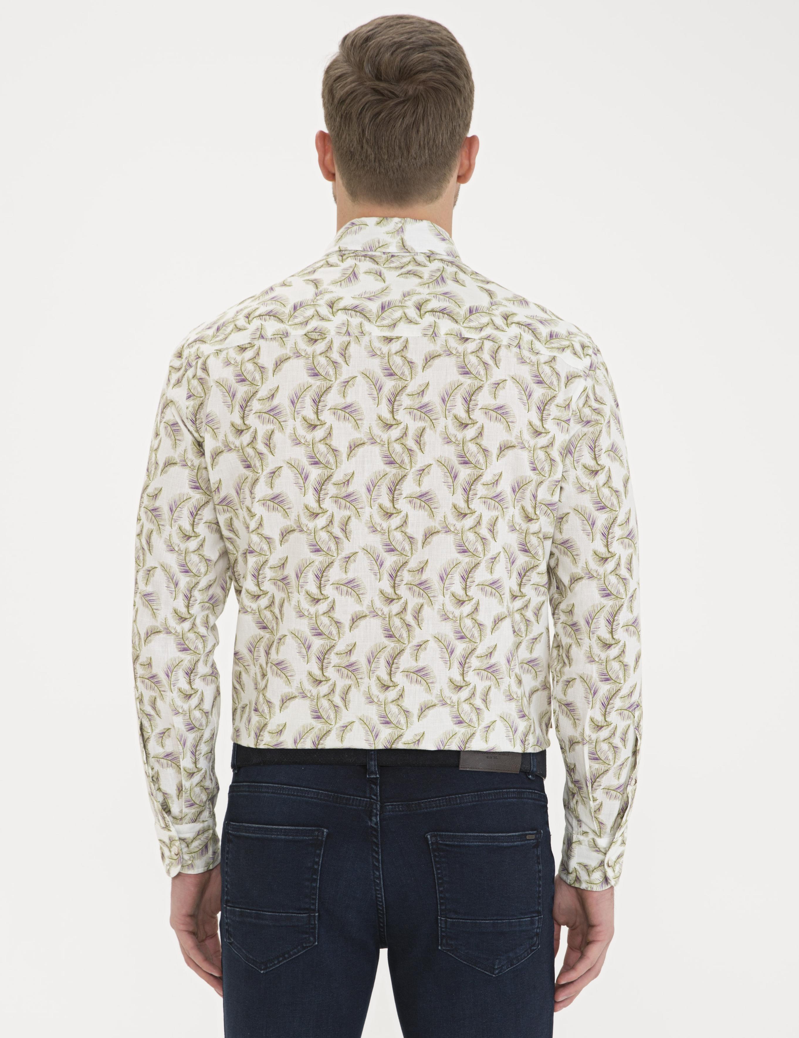 Yeşil Keten Karışımlı Uzun Kollu Gömlek