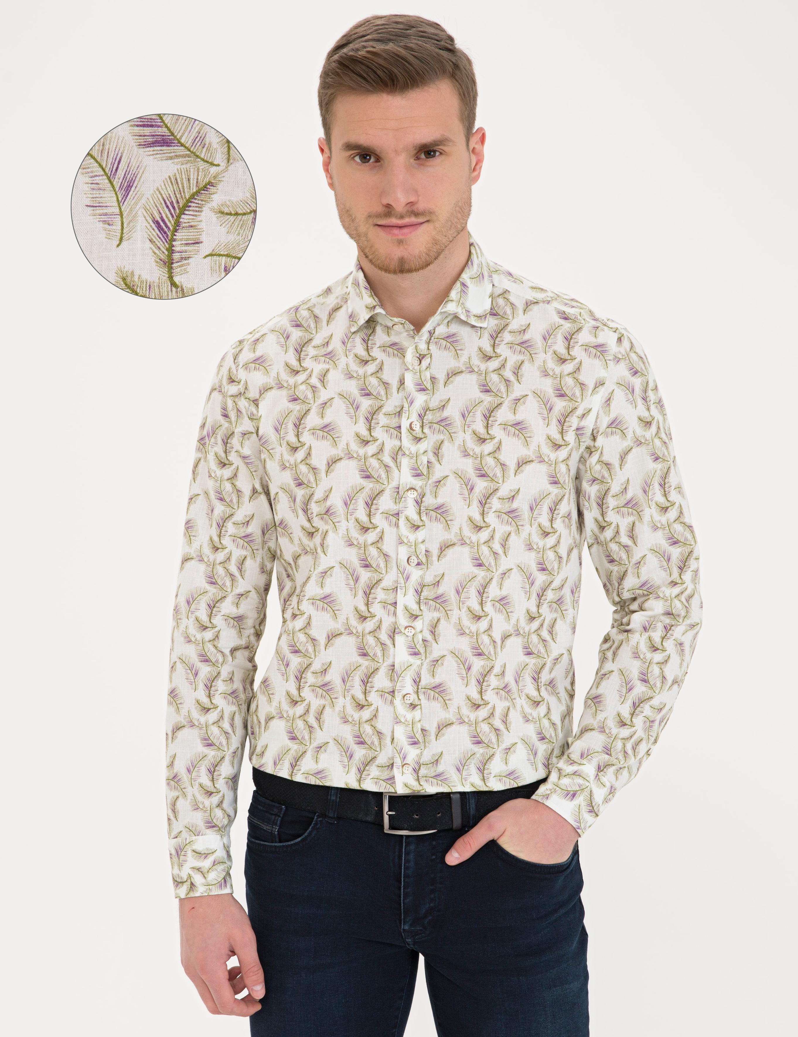 Yeşil Keten Karışımlı Uzun Kollu Gömlek