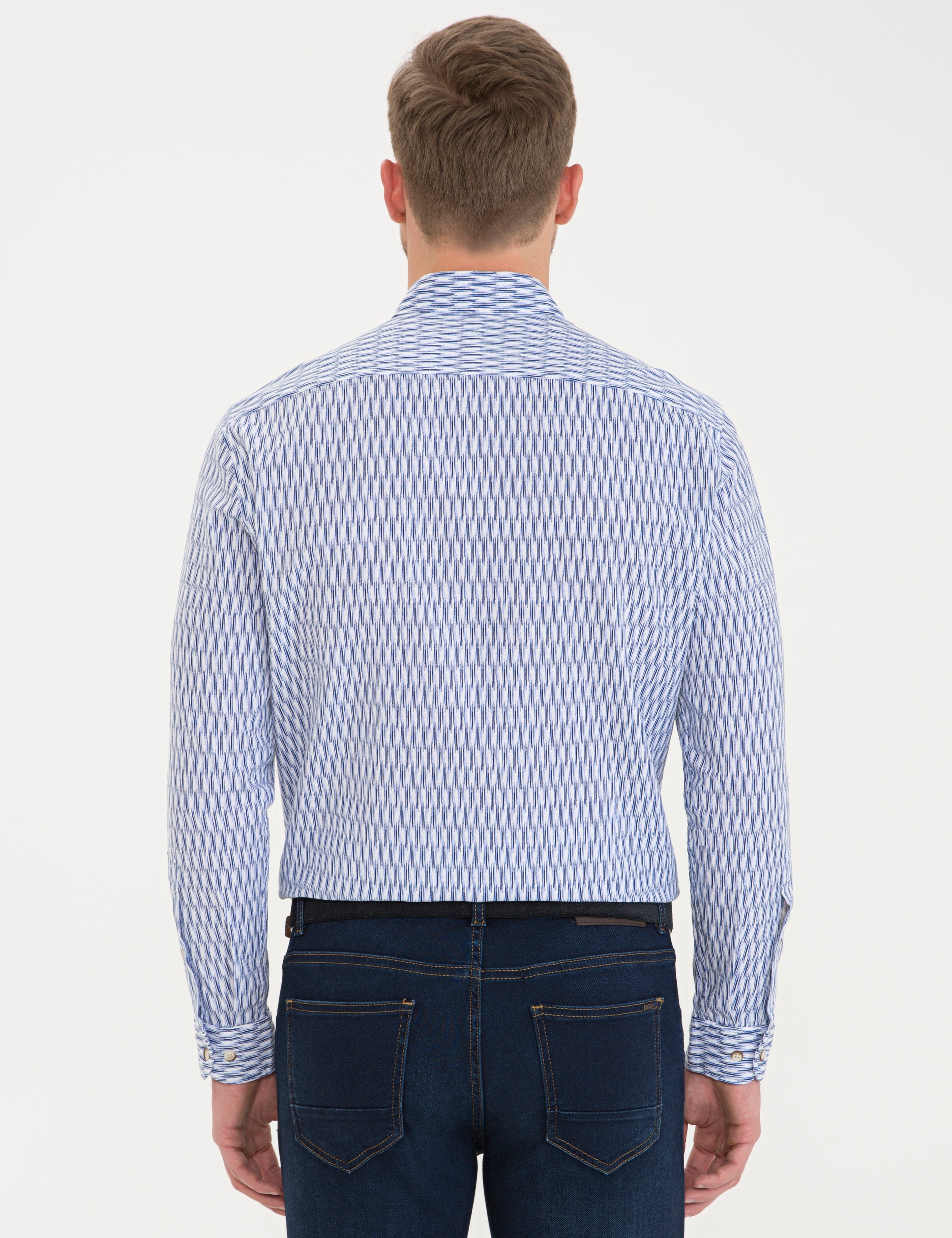 Lacivert Keten Karışımlı Regular Fit Uzun Kollu Gömlek - Image 3