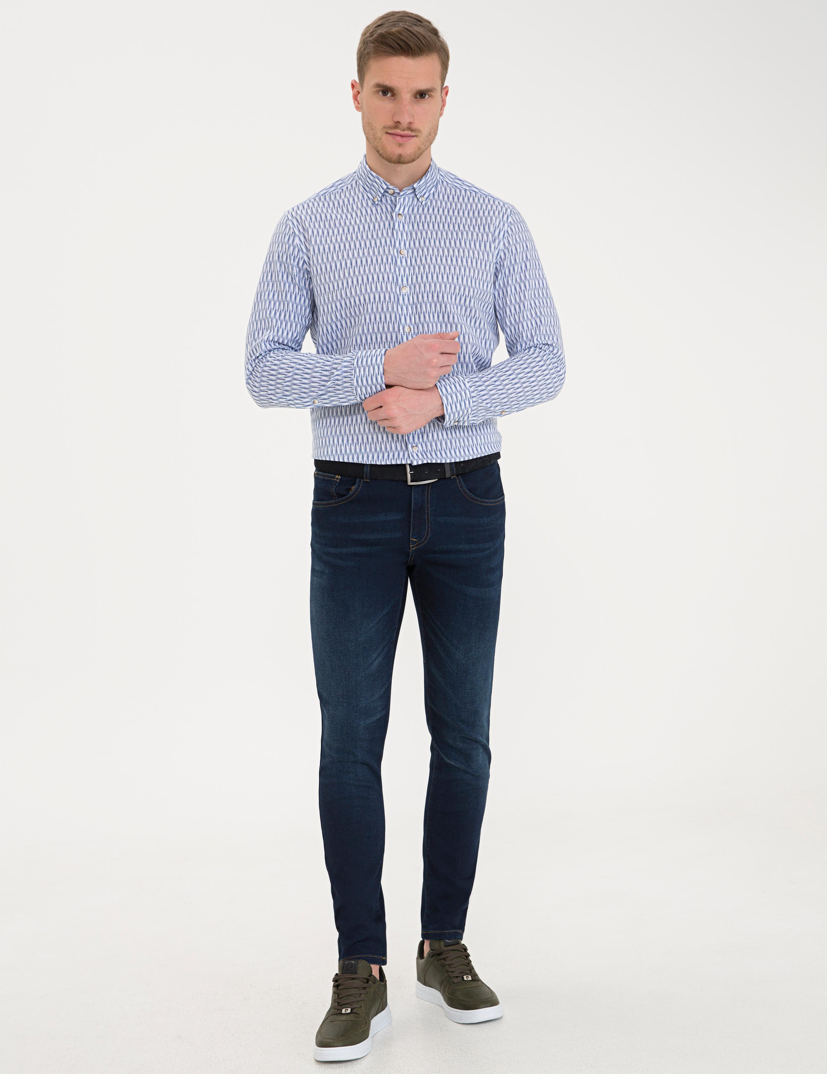 Lacivert Keten Karışımlı Regular Fit Uzun Kollu Gömlek