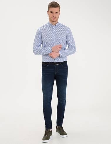 Lacivert Keten Karışımlı Regular Fit Uzun Kollu Gömlek