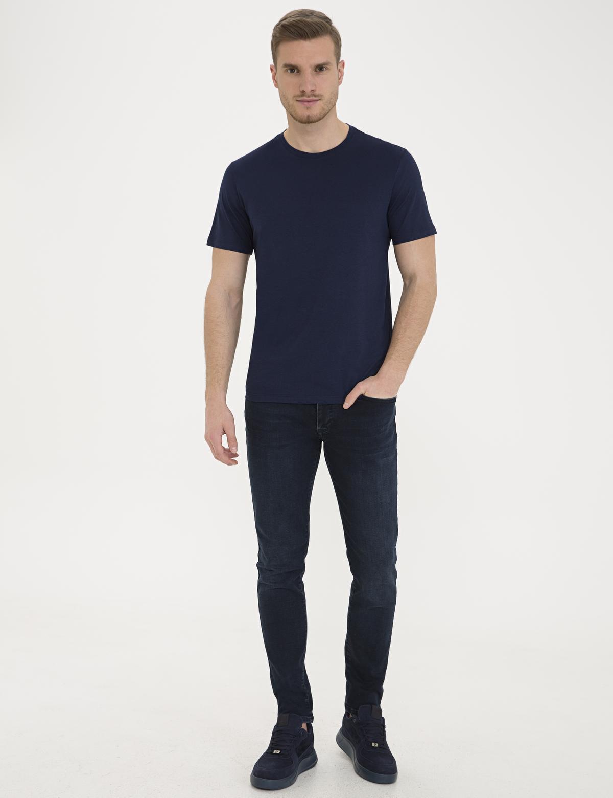 Koyu Lacivert Slim Fit Bisiklet Yaka Basic Tişört - 50232385119