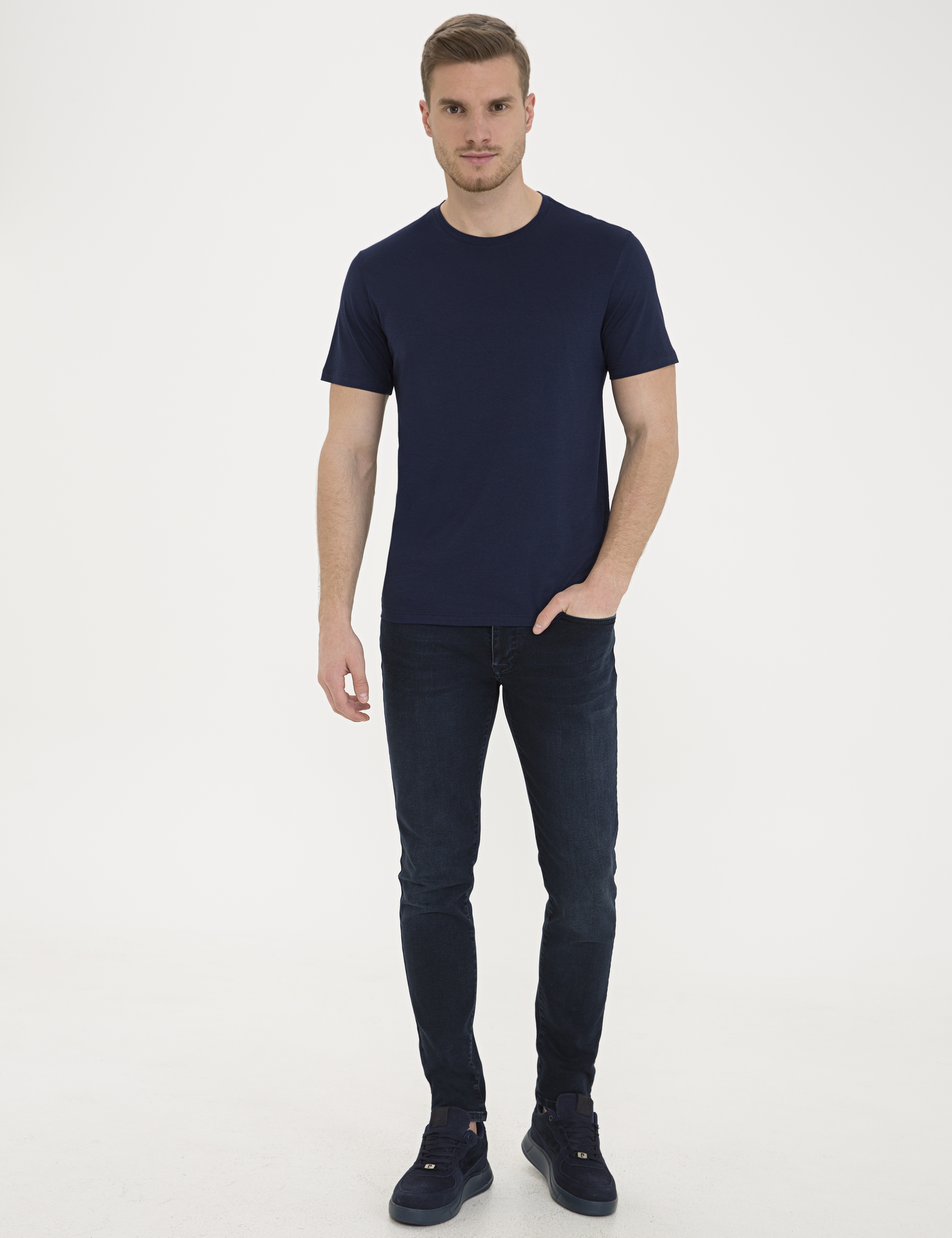 Koyu Lacivert Slim Fit Bisiklet Yaka Basic Tişört - Image 4
