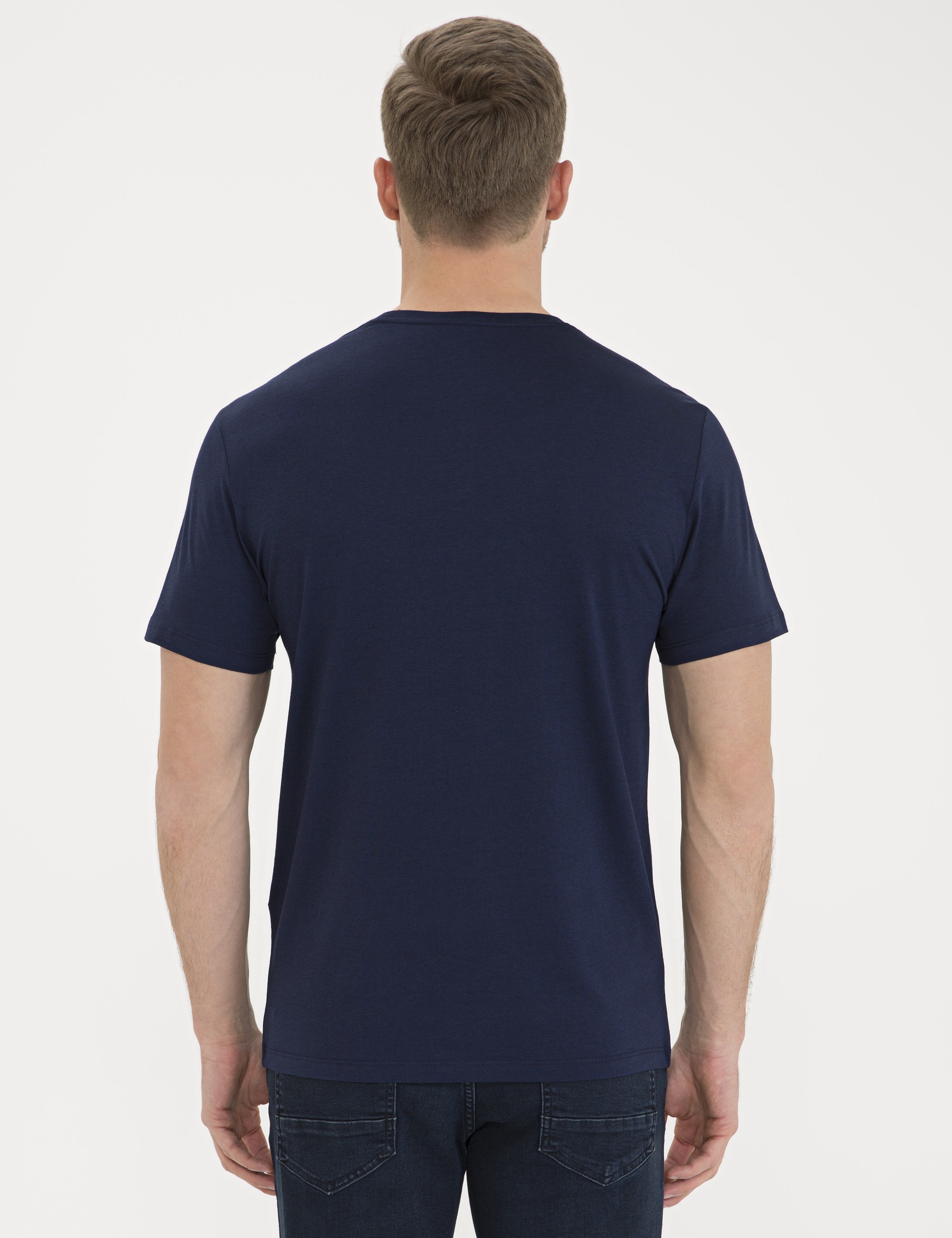 Koyu Lacivert Slim Fit Bisiklet Yaka Basic Tişört - Image 3