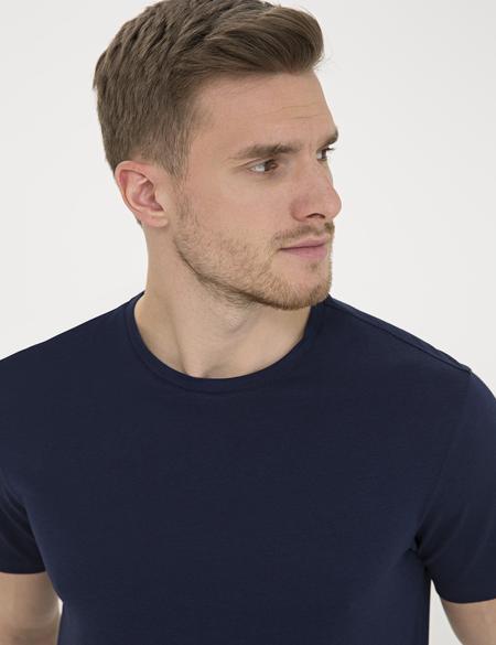 Koyu Lacivert Slim Fit Bisiklet Yaka Basic Tişört - 50232385119