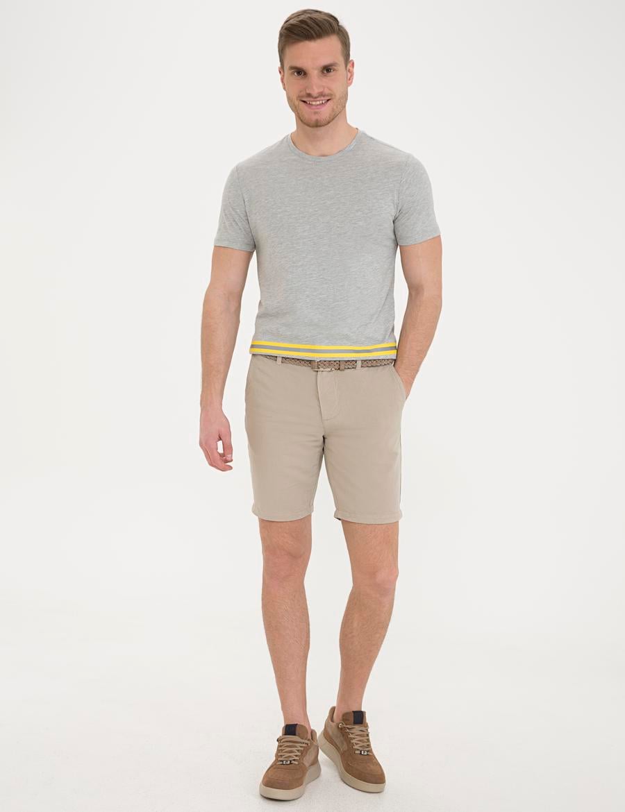 Bej Standart Fit Keten Karışımlı Bermuda Şort