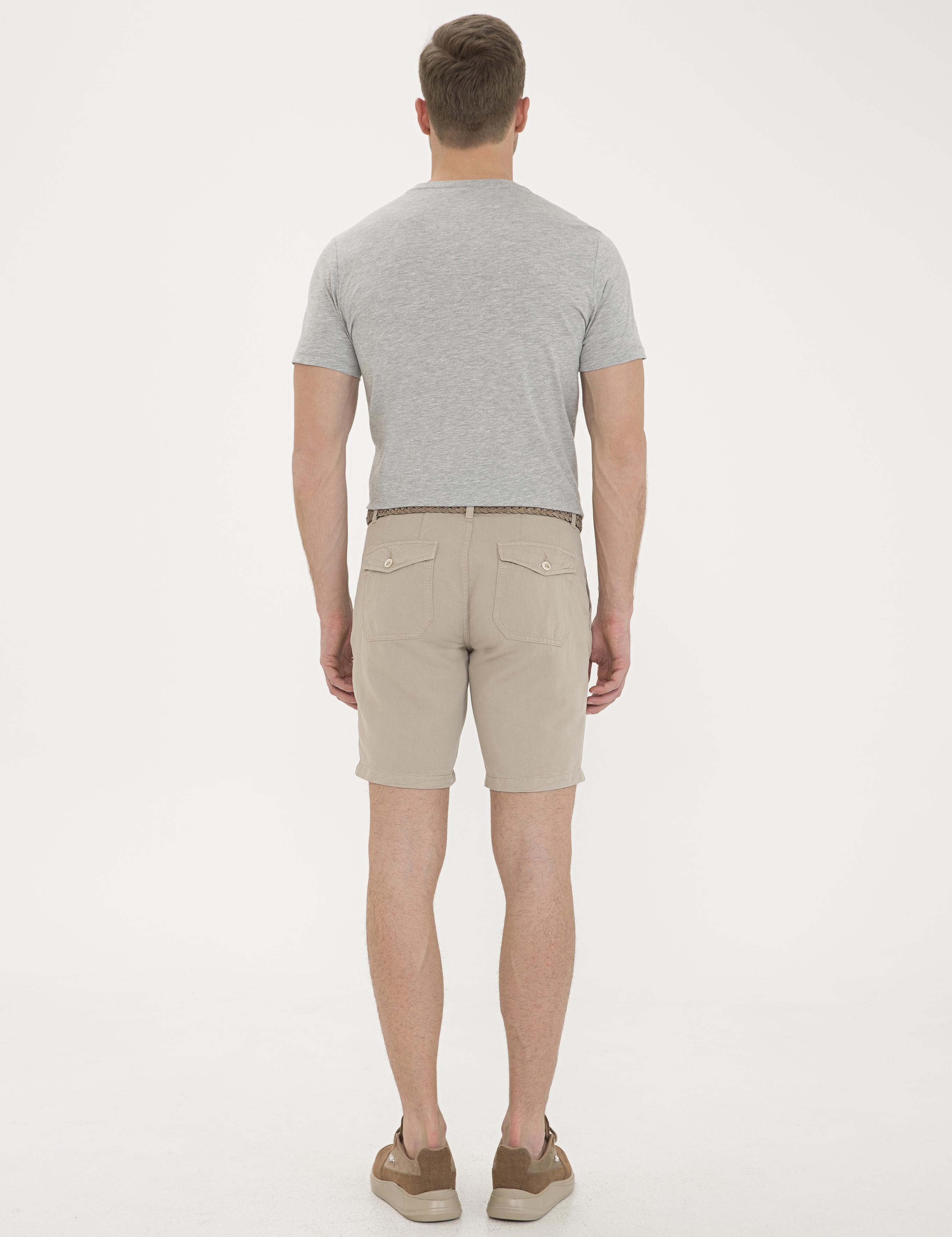 Bej Standart Fit Keten Karışımlı Bermuda Şort