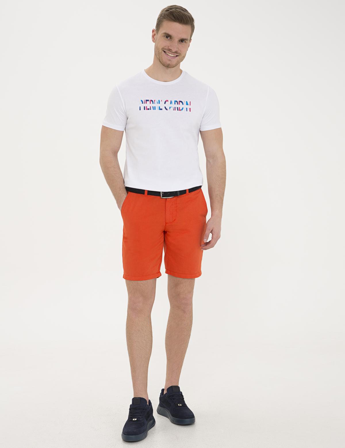 Turuncu Standart Fit Keten Karışımlı Bermuda Şort