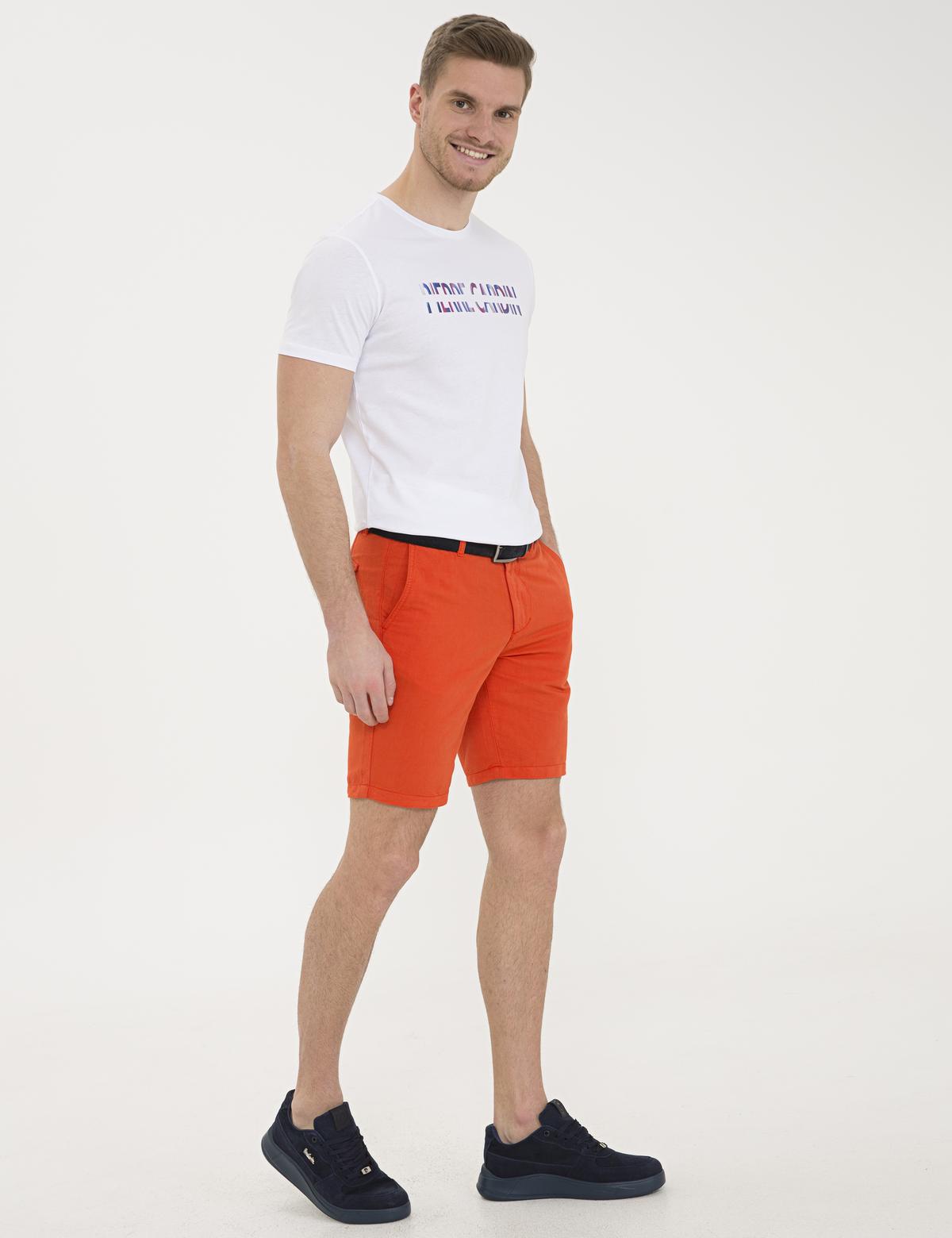 Turuncu Standart Fit Keten Karışımlı Bermuda Şort - 50233248037