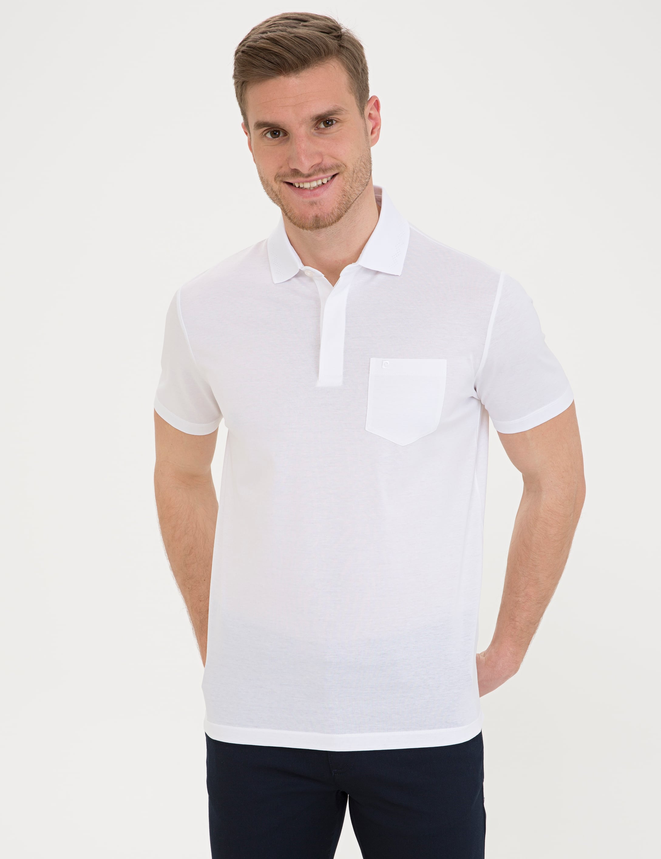 Beyaz Regular Fit Polo Yaka Merserize Tişört - Image 1