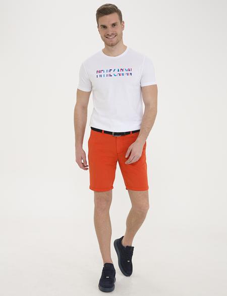 Beyaz Slim Fit Baskılı Bisiklet Yaka Tişört - 50235980007