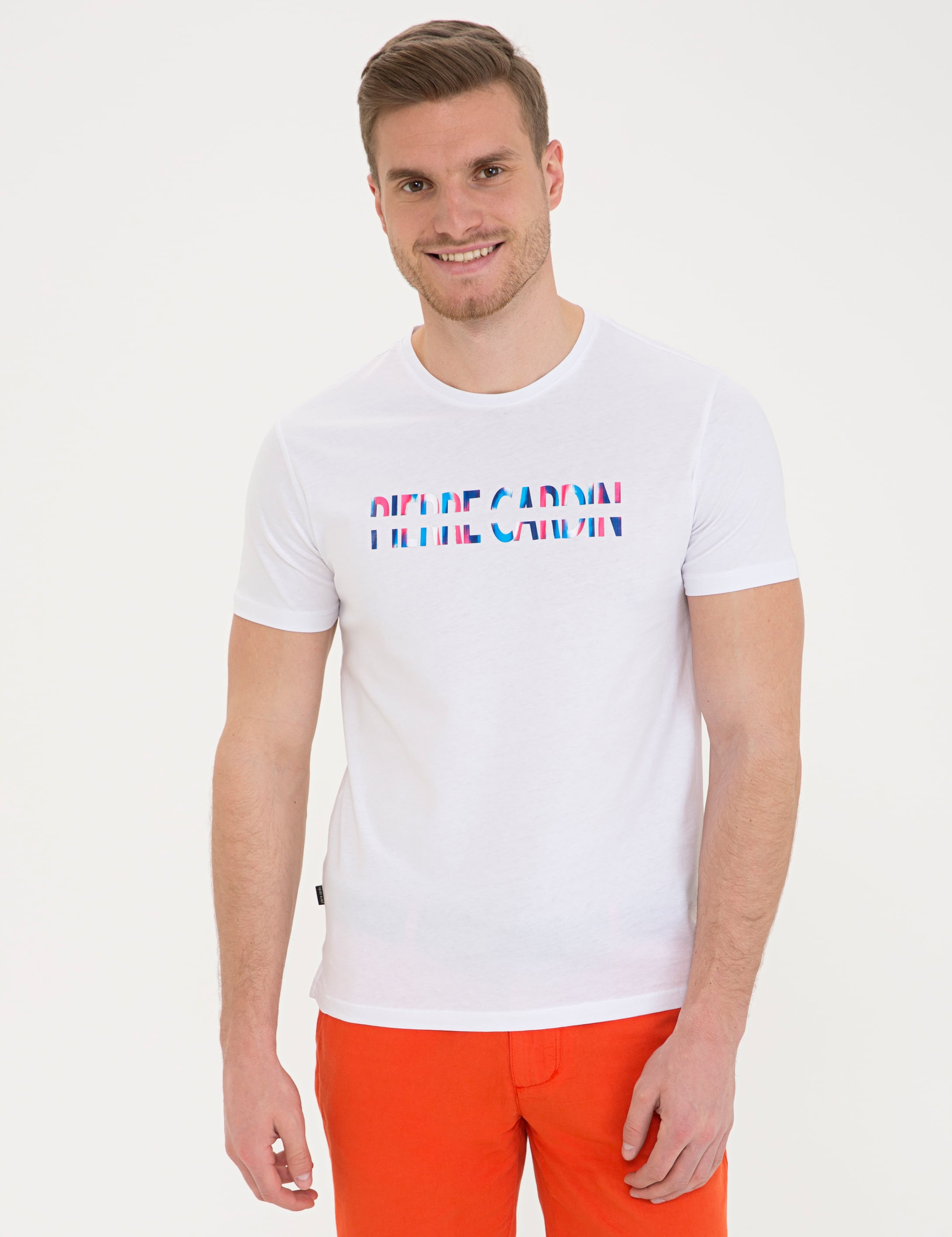 Beyaz Slim Fit Baskılı Bisiklet Yaka Tişört