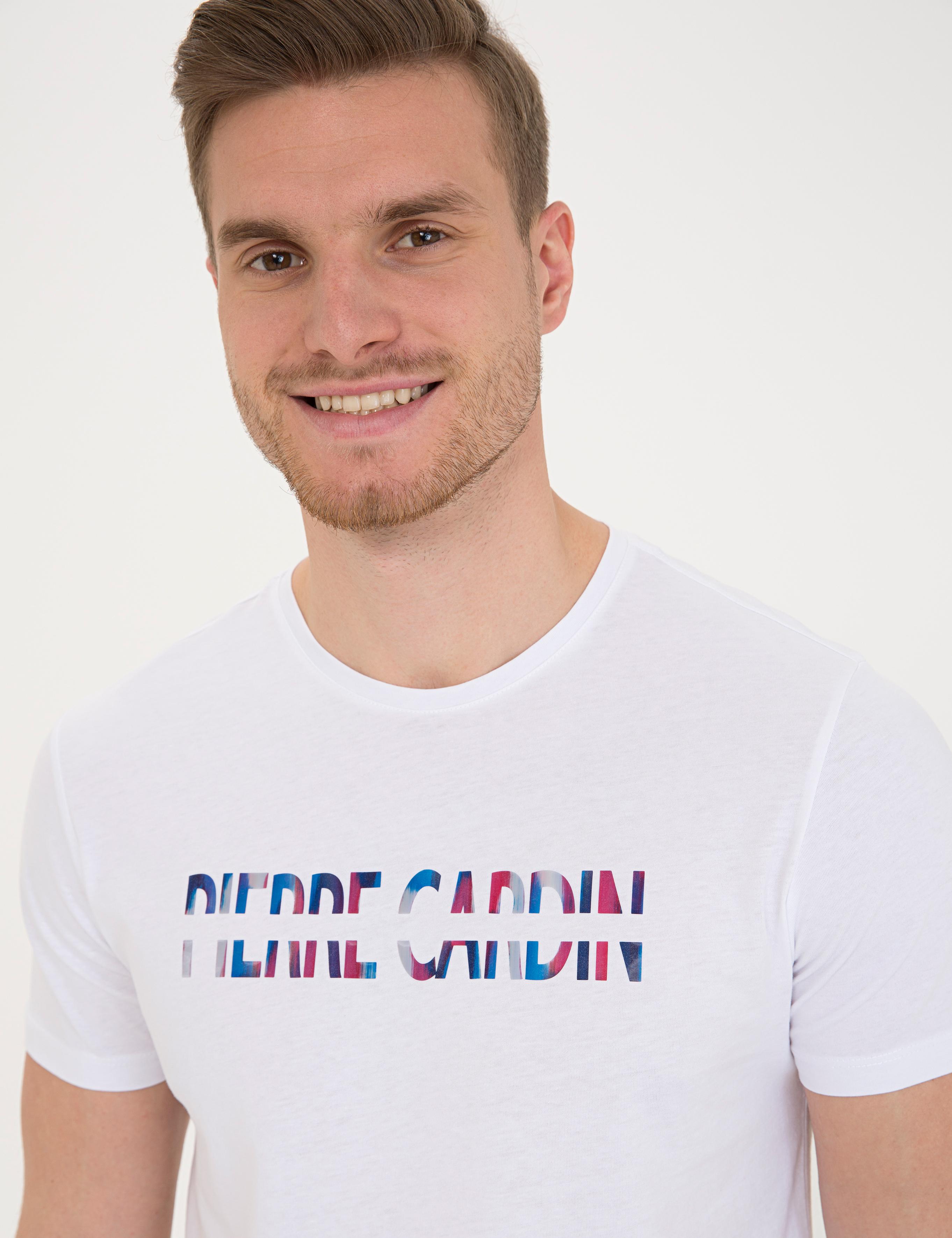 Beyaz Slim Fit Baskılı Bisiklet Yaka Tişört