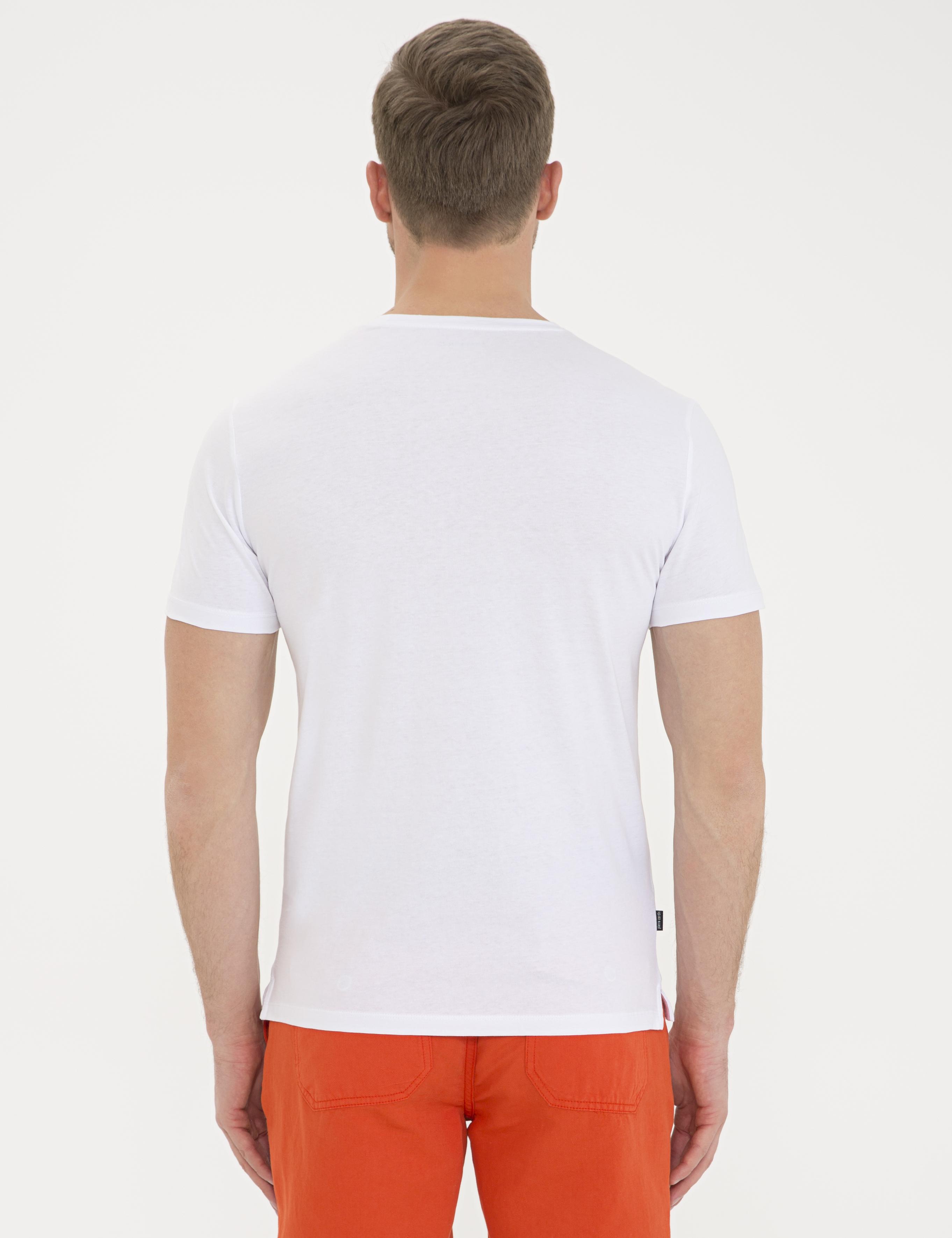 Beyaz Slim Fit Baskılı Bisiklet Yaka Tişört