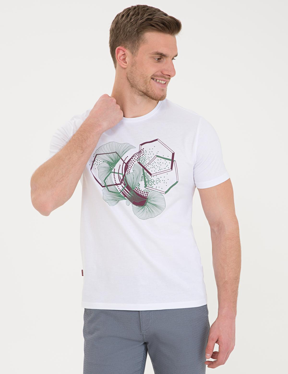 Beyaz Slim Fit Baskılı Bisiklet Yaka Tişört