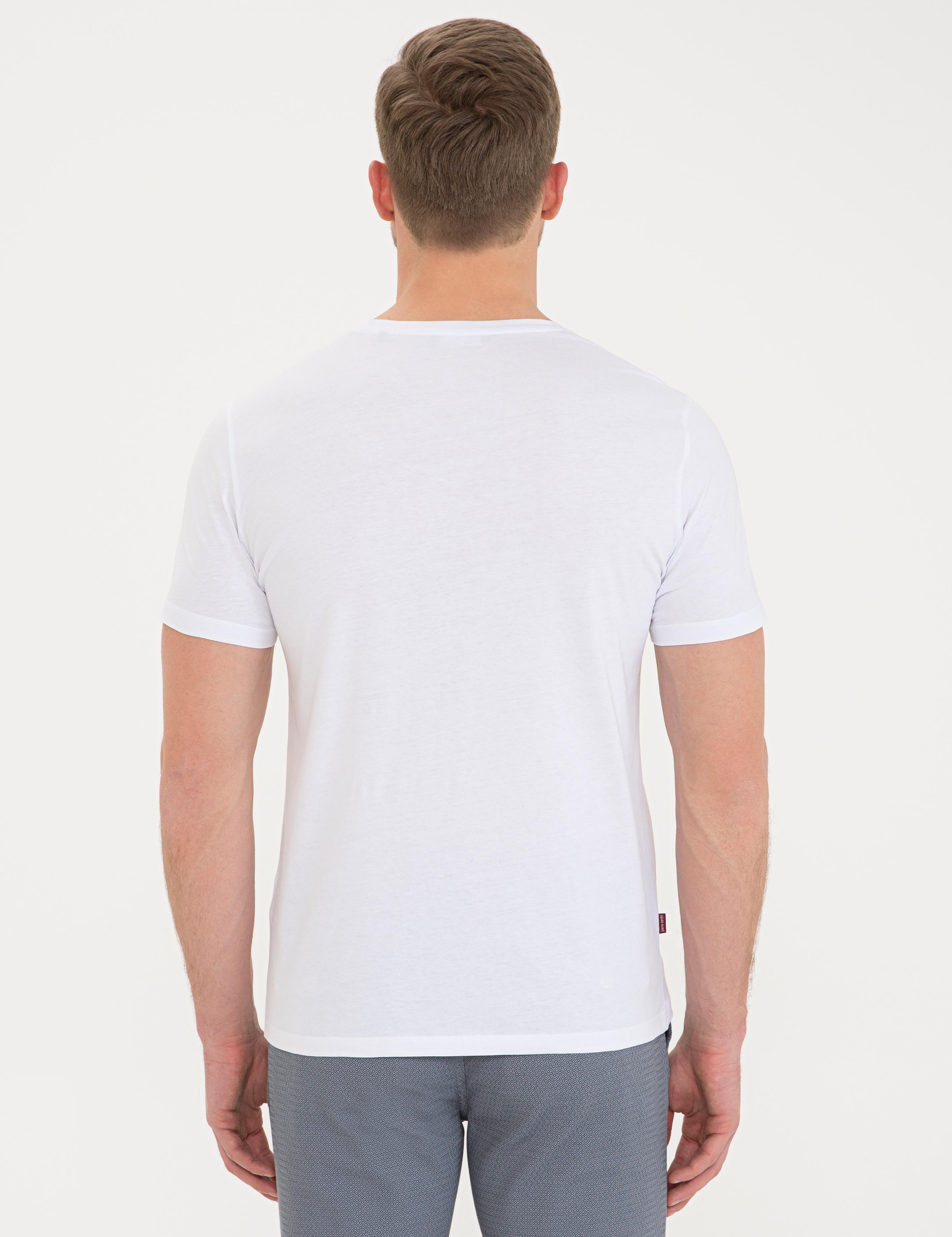 Beyaz Slim Fit Baskılı Bisiklet Yaka Tişört