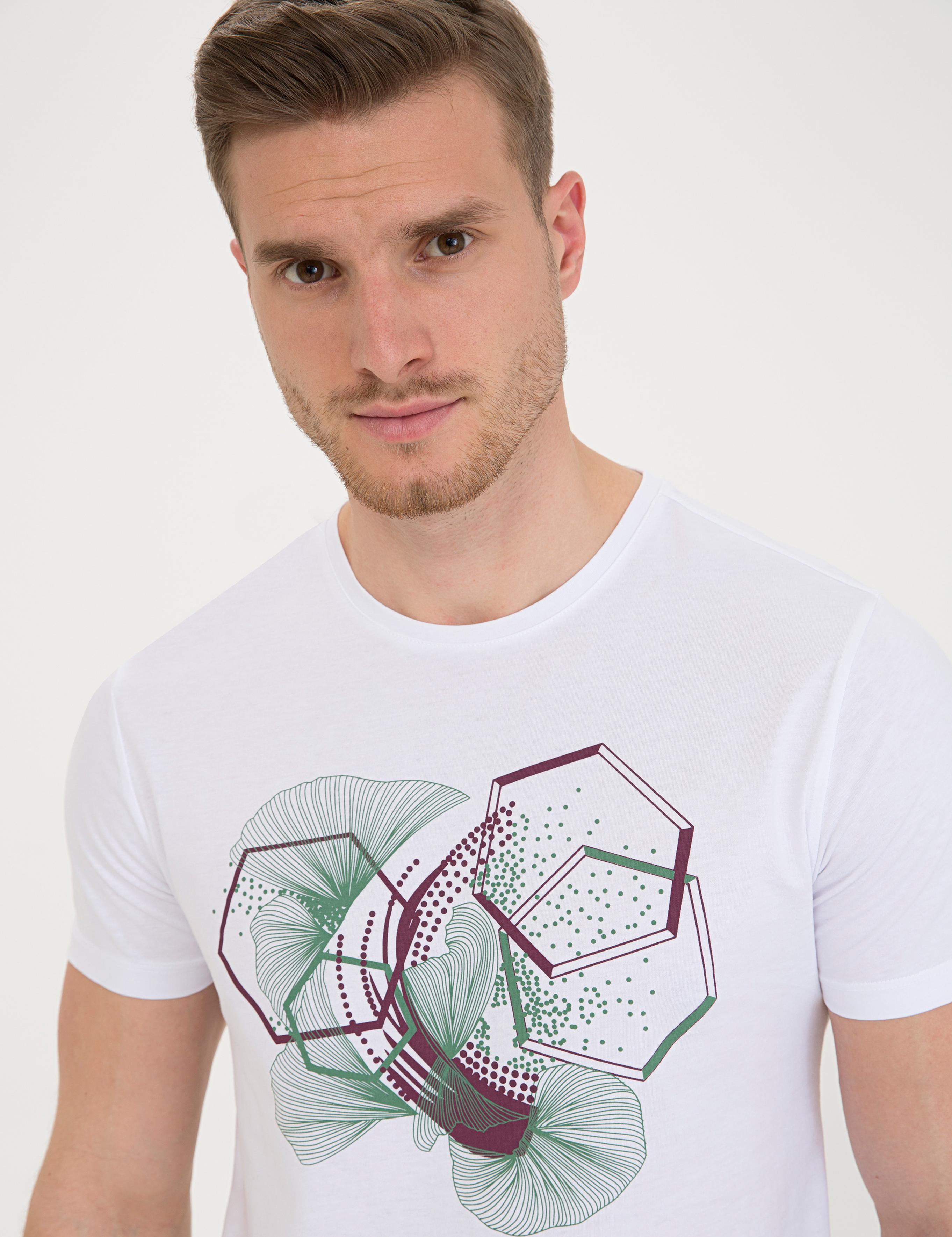 Beyaz Slim Fit Baskılı Bisiklet Yaka Tişört