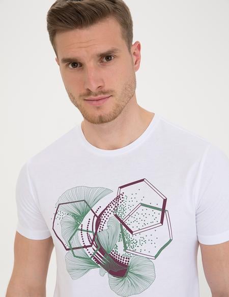 Beyaz Slim Fit Baskılı Bisiklet Yaka Tişört - 50232403008