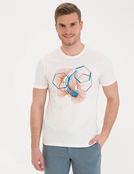 Ekru Slim Fit Baskılı Bisiklet Yaka Tişört - 50232403157
