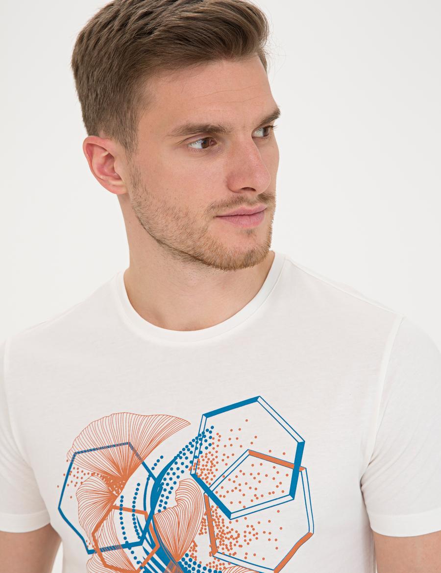 Ekru Slim Fit Baskılı Bisiklet Yaka Tişört
