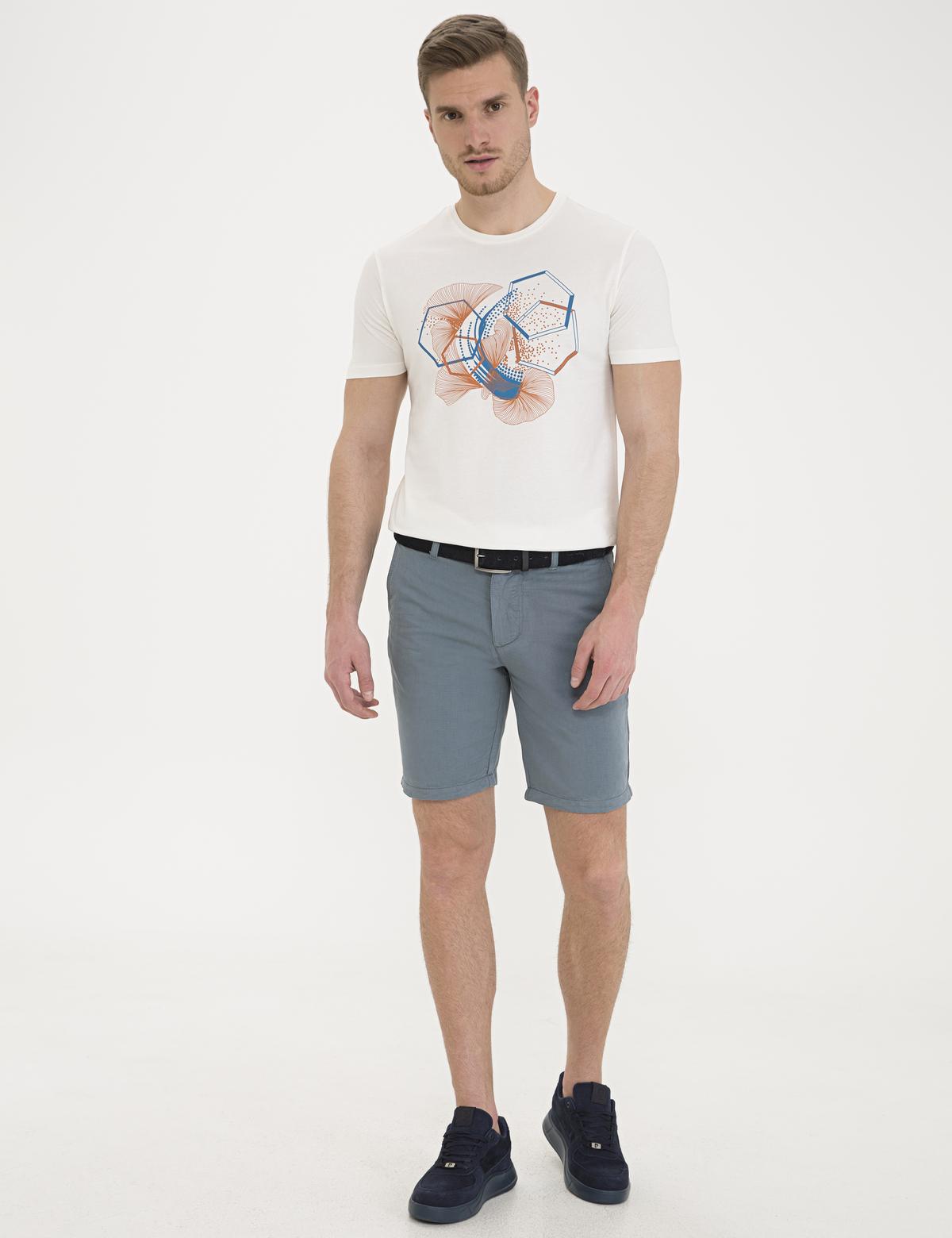 Ekru Slim Fit Baskılı Bisiklet Yaka Tişört - 50232403157