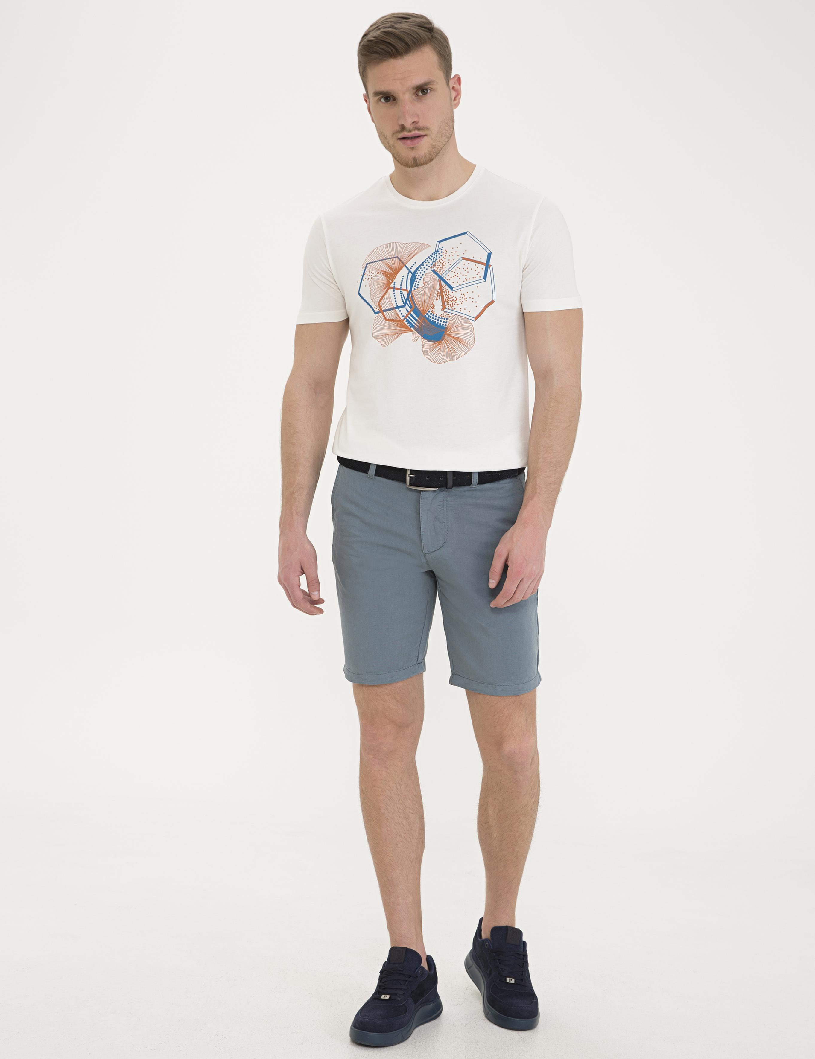 Ekru Slim Fit Baskılı Bisiklet Yaka Tişört