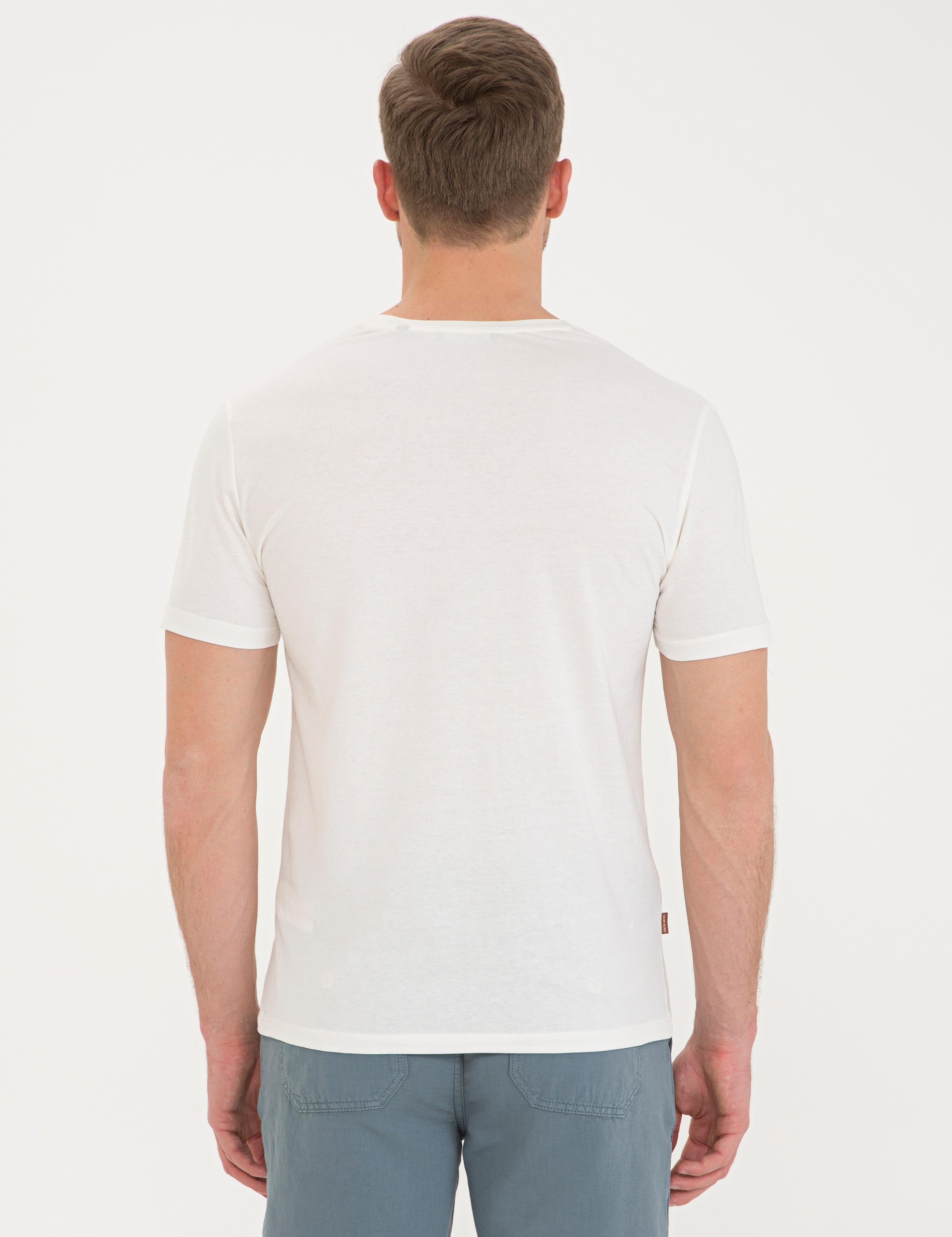 Ekru Slim Fit Baskılı Bisiklet Yaka Tişört