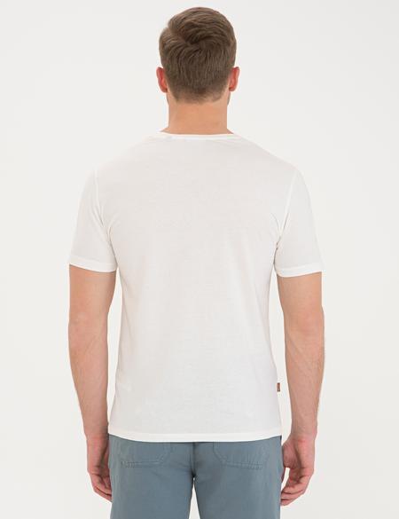 Ekru Slim Fit Baskılı Bisiklet Yaka Tişört - 50232403157