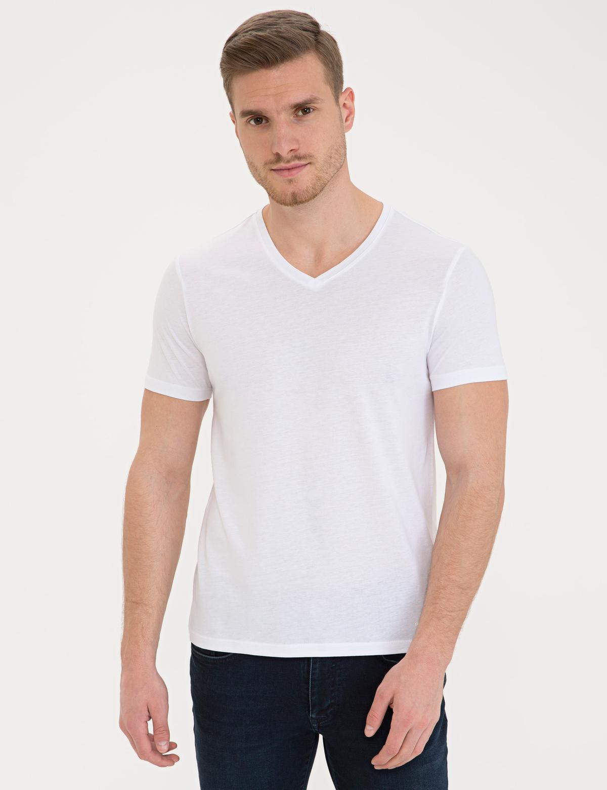 Beyaz Slim Fit V Yaka Basic Tişört