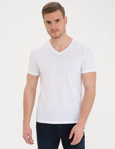 Beyaz Slim Fit V Yaka Basic Tişört